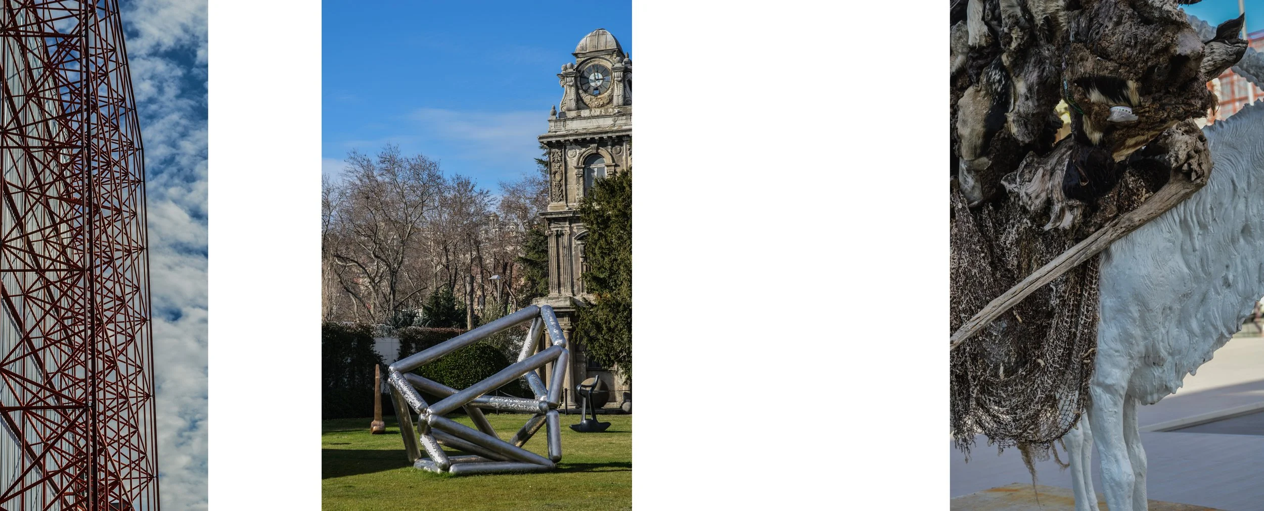Collage of four images: a tall red metal tower with a cloudy sky, a historic clock tower against a blue sky, modern outdoor sculpture of interconnected metal tubes on grass, and a close-up of a giraffe's head and neck with a cityscape background.