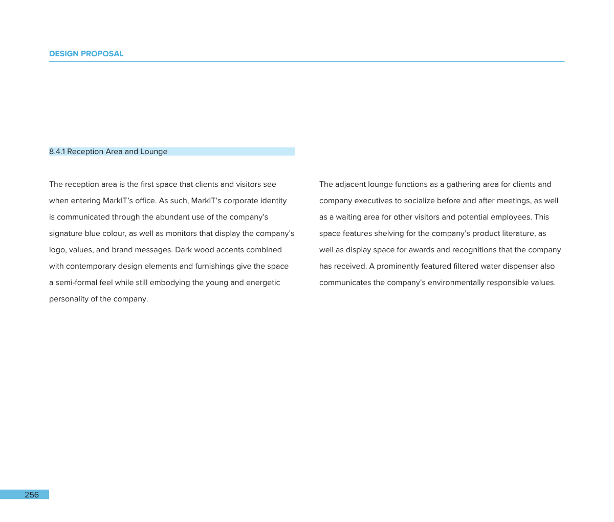 Page from a design proposal document discussing the reception area and lounge, with blue headers and black text on a white background.