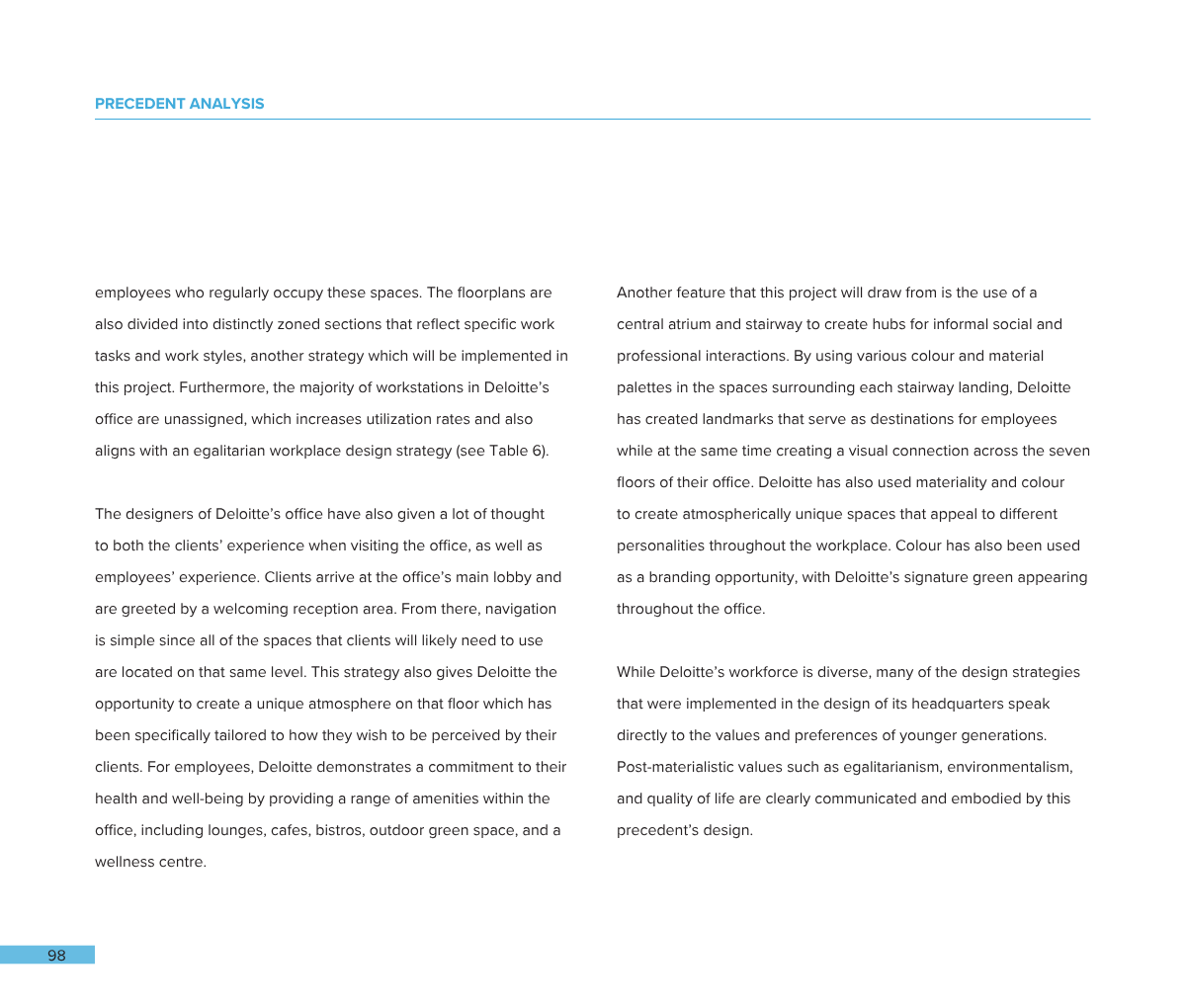 Page from a report or document with a section titled 'Precedent Analysis,' containing multiple paragraphs of text discussing workspace design, employee utilization, and company branding strategies, with a page number 98 at the bottom.