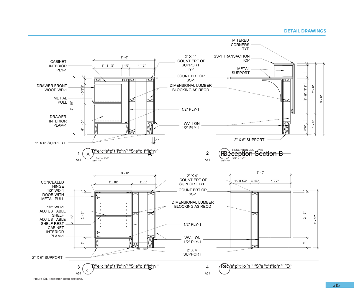 Technical drawing of reception desk sections with detailed measurements and construction notes.