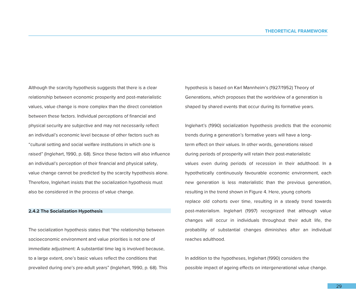 Two-page excerpt from an academic article discussing economic theories and hypotheses, including the socialization hypothesis, with a section header titled "The Socialization Hypothesis" highlighted in blue.