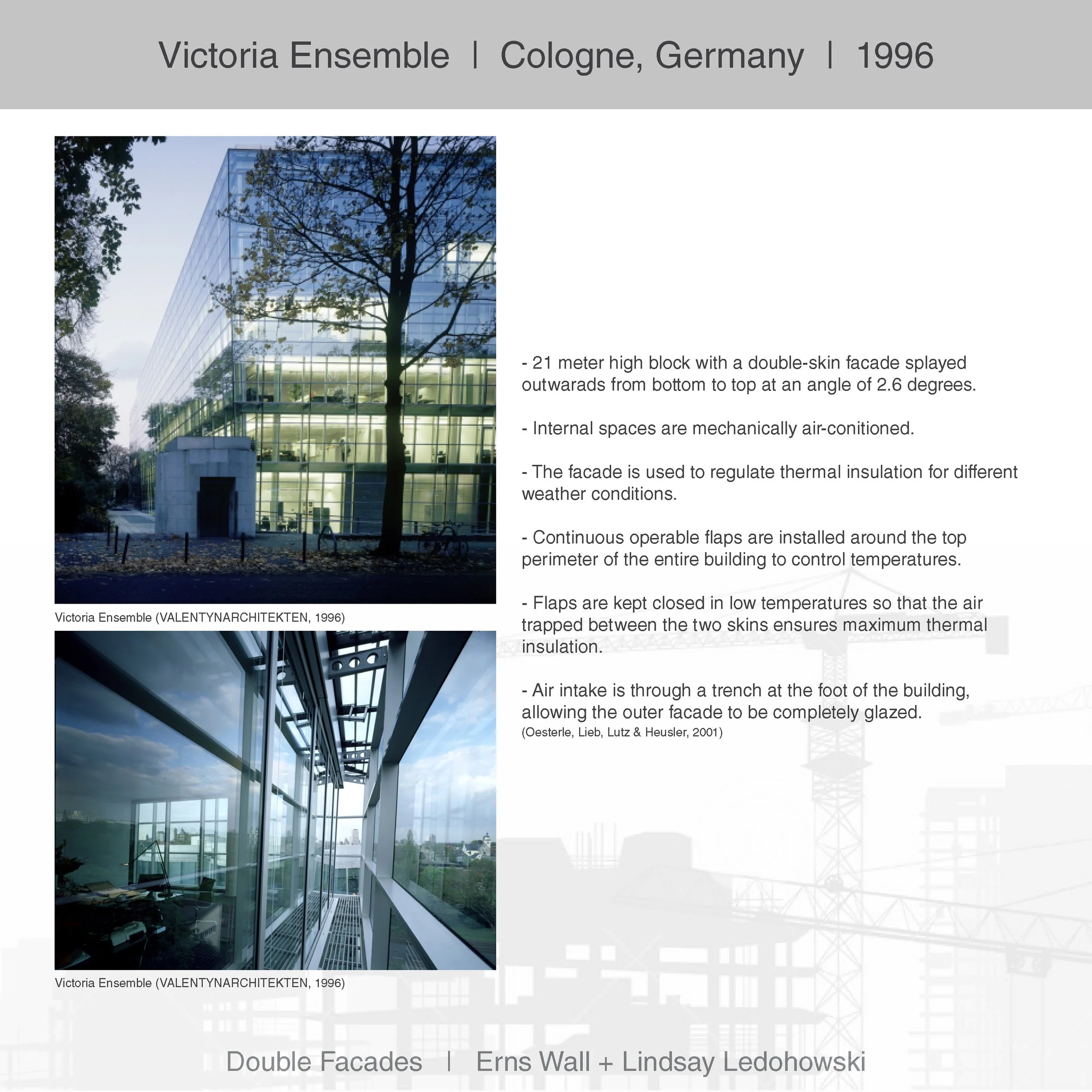 A modern building with large glass walls and a tree in front of it, located in Cologne, Germany, 1996.