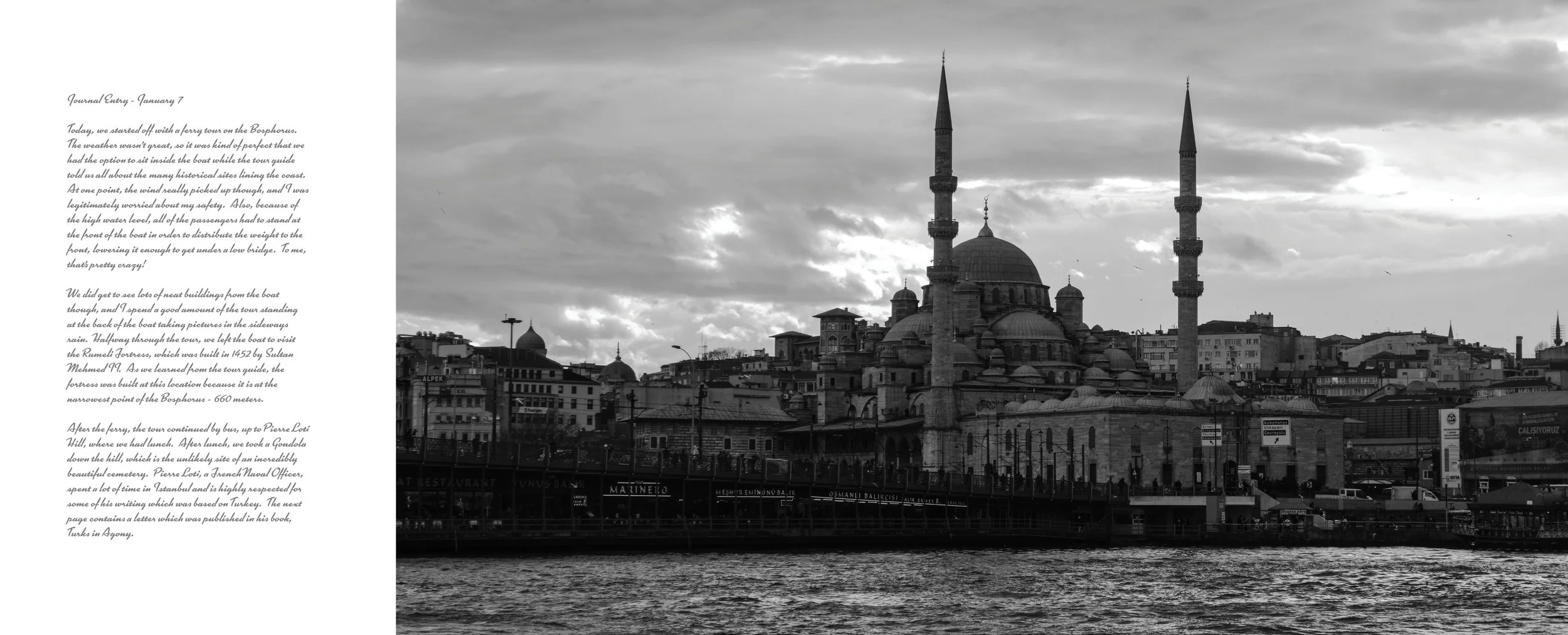 A black and white photo of a cityscape featuring a mosque with a large central dome and two tall minarets, with buildings in the background and a body of water in the foreground.