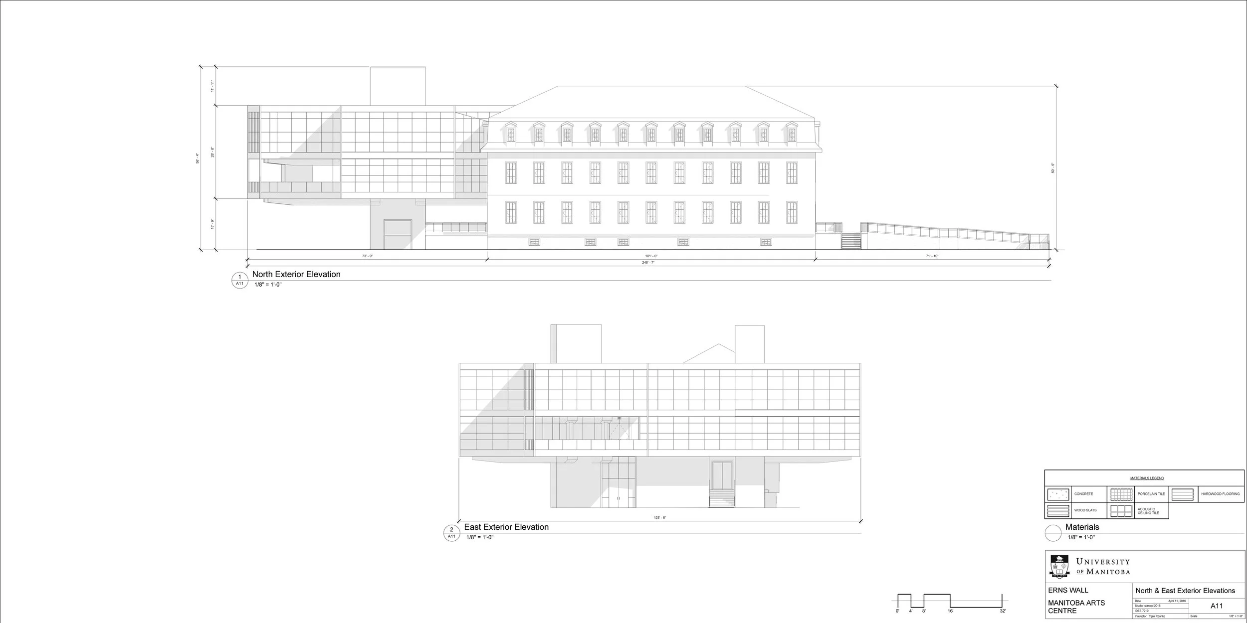 Architectural blueprint of a building with North and East exterior elevations, including measurements and material legend, created by the University of Manitoba.