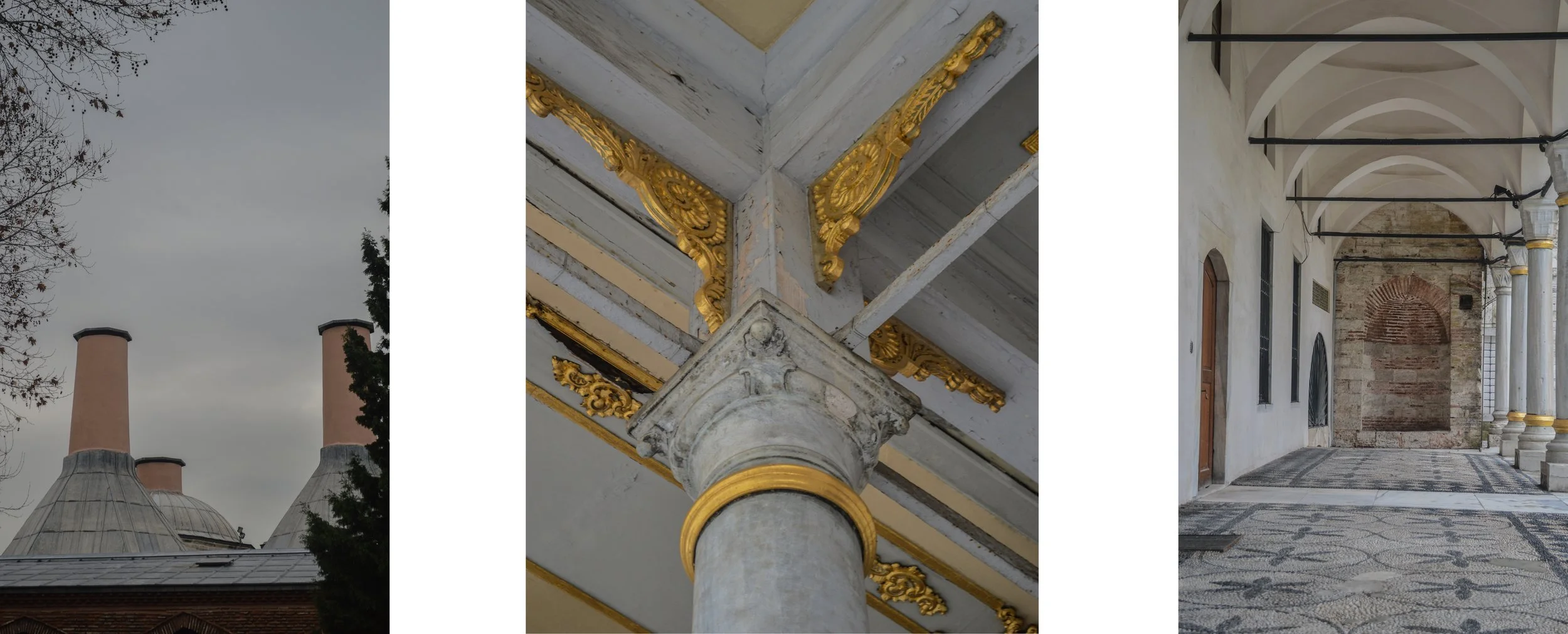 Three photos of architectural features: First photo shows a cloudy sky with two tall pink chimneys on a building. Second photo shows intricate gold and white decorative molding on a ceiling corner. Third photo shows a corridor with white arched ceili