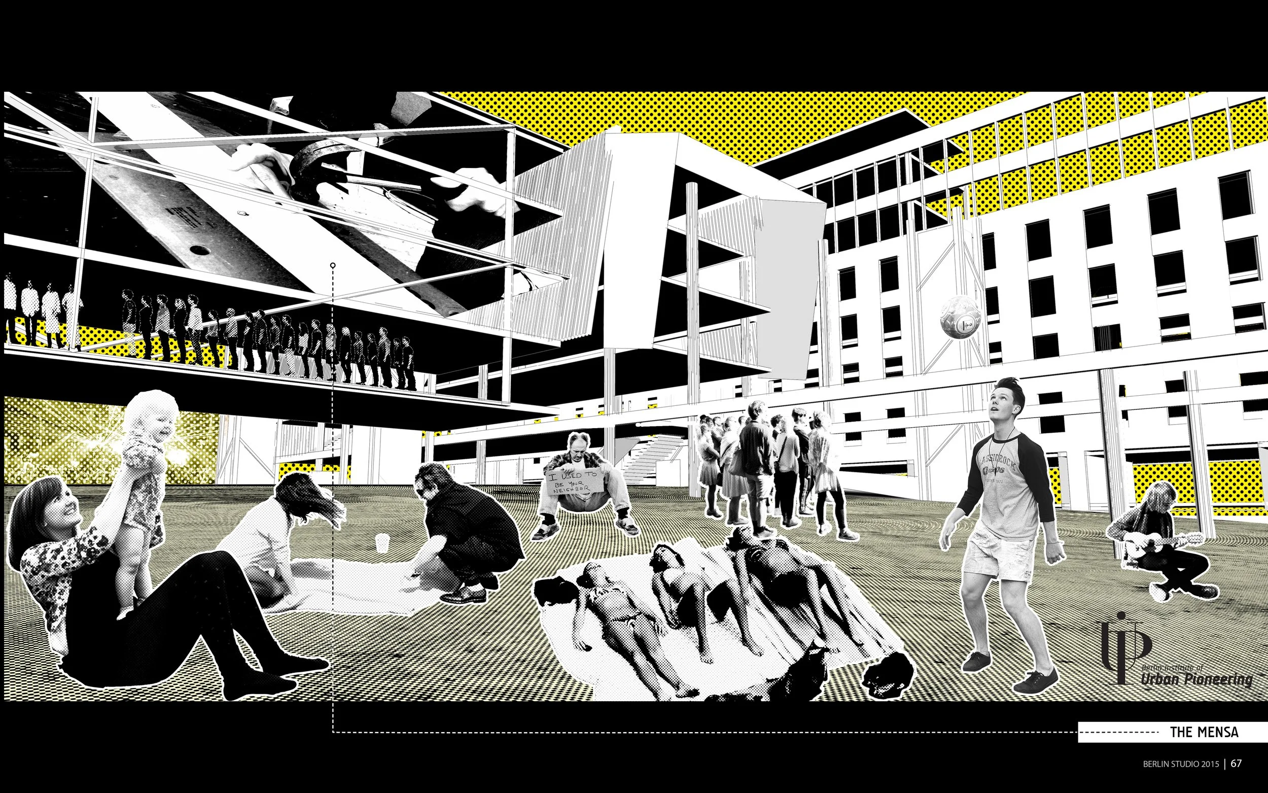 A digitally illustrated scene of a community gathering outdoors with children and adults. In the background, a modern building under construction features scaffolding, with a large yellow dotted panel. People are sitting and standing, with some holdi