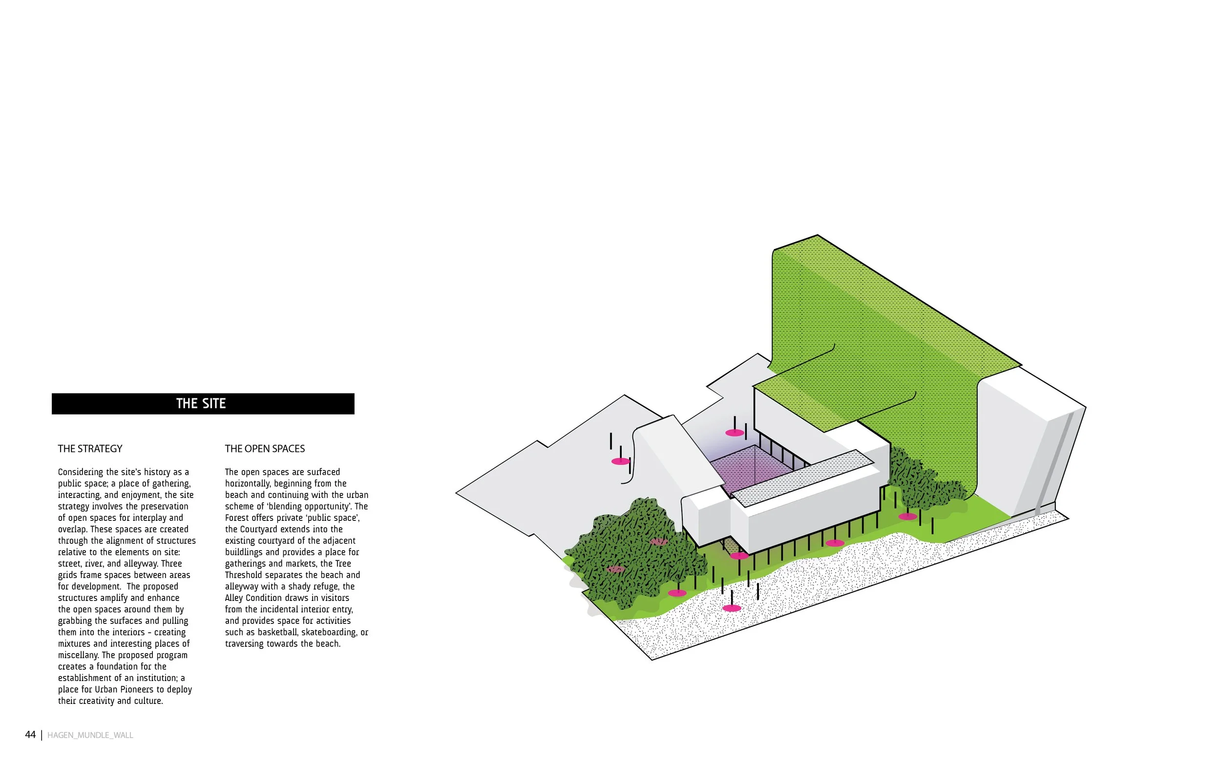 A site plan with labeled sections, including open spaces, strategy, and landscape design. There are green areas with trees and a purple shaded courtyard, alongside textual descriptions explaining the design concept.