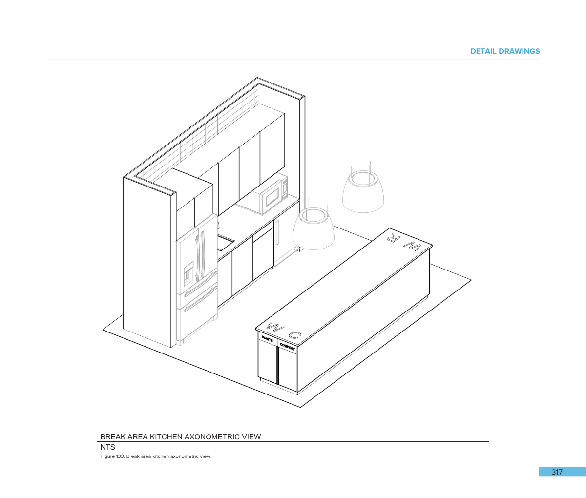 Axonomtric drawing of a kitchen break area, including a refrigerator, cabinets, microwave, a long counter with labels for waste and comfort, and two hanging pendant lights.