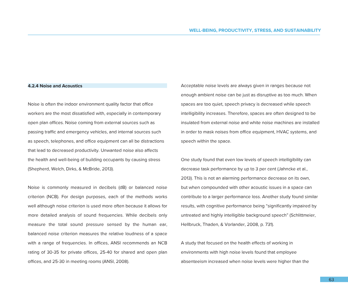 Excerpt from a document about noise and acoustics, focusing on acceptable noise levels, sound measurement metrics like decibels, and the impact of noise on health and productivity, with references to studies and standards.