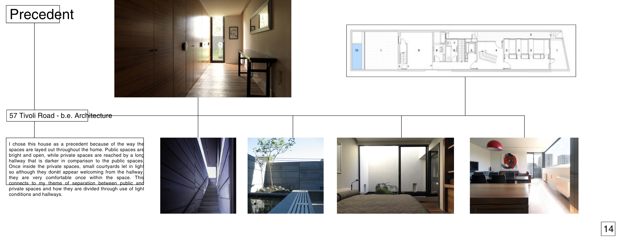 Interior view of a modern home with wooden floors, a hallway leading to a patio door, and minimalist furniture. Exterior courtyard with tree and water feature. An open-plan living room with large windows, a dining area, and artwork on the walls. Floo