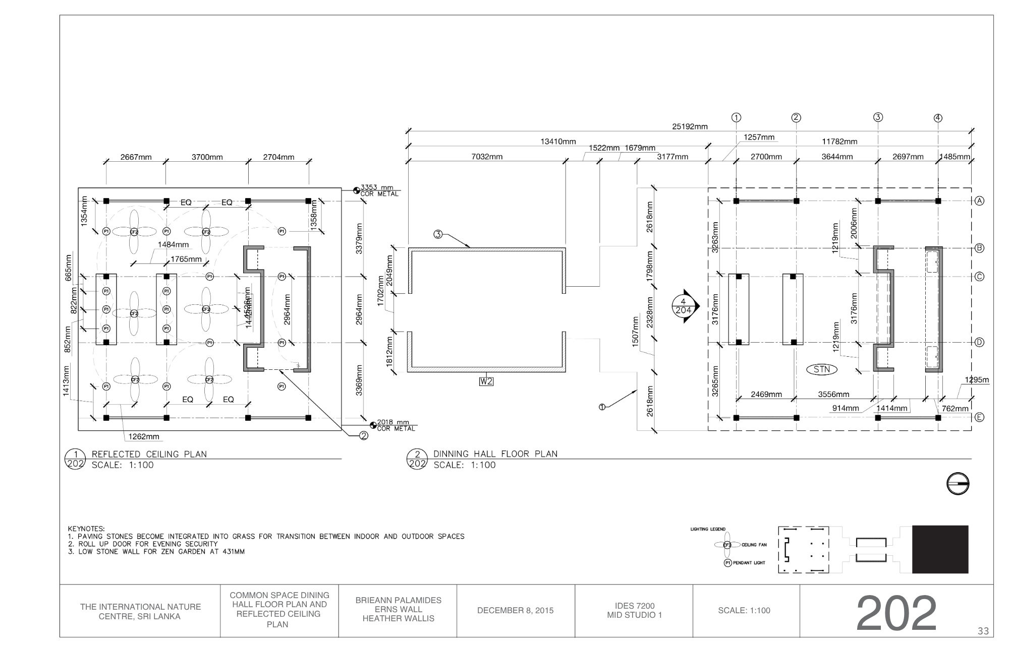 Architectural blueprint detailing a ceiling and floor plan with measurements and annotations for a dining hall.