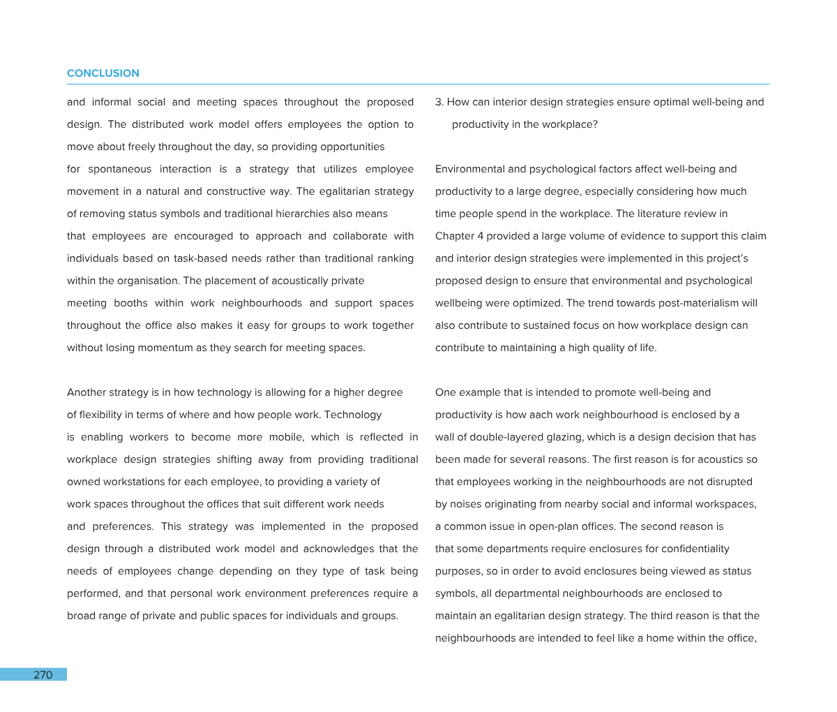 Page from a report or book with a blue heading titled 'CONCLUSION' and text discussing workplace design strategies, employee interaction, technology, and environmental factors, on pages 270 and 271.