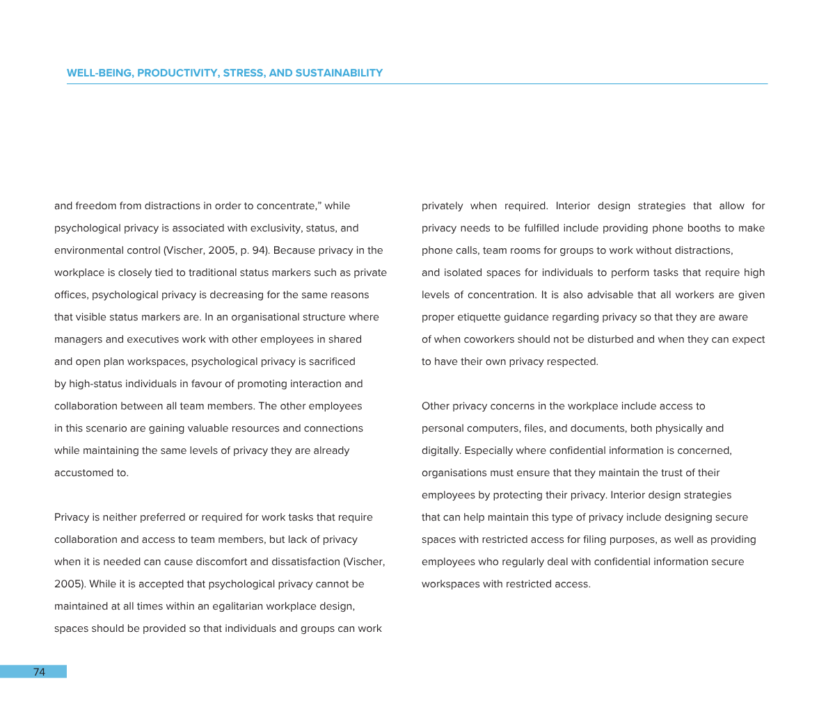 Page from a document discussing well-being, productivity, stress, and sustainability in the workplace, with text arranged in two columns and a page number 74 at the bottom.
