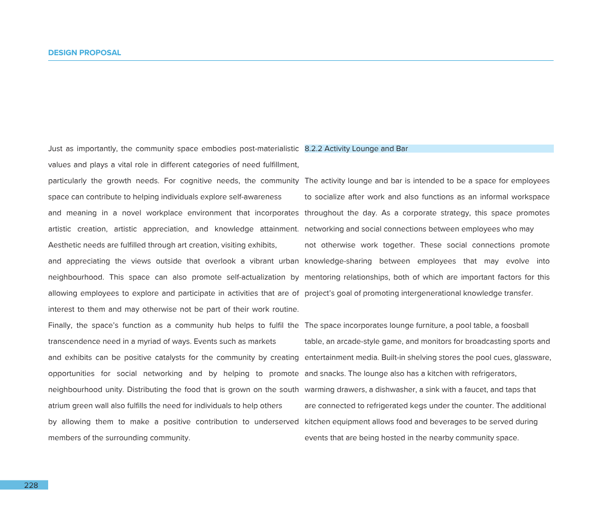 Page from a document titled 'Design Proposal' discussing a community activity lounge and bar, with a section heading '8.2.2 Activity Lounge and Bar' highlighted in blue.