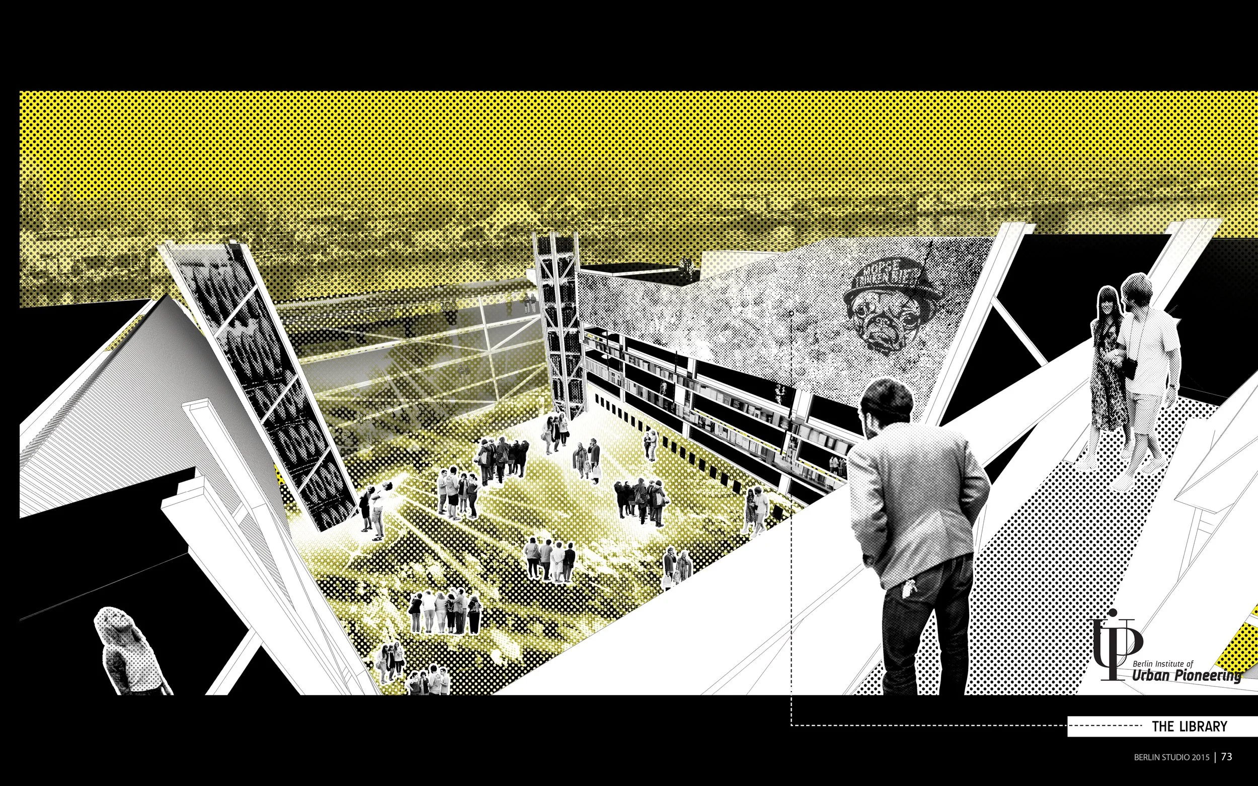 Architectural rendering of an urban library space with people walking and gathering, digital screens, and text indicating 'Berlin Institute of Urban Pioneering' and 'The Library'.