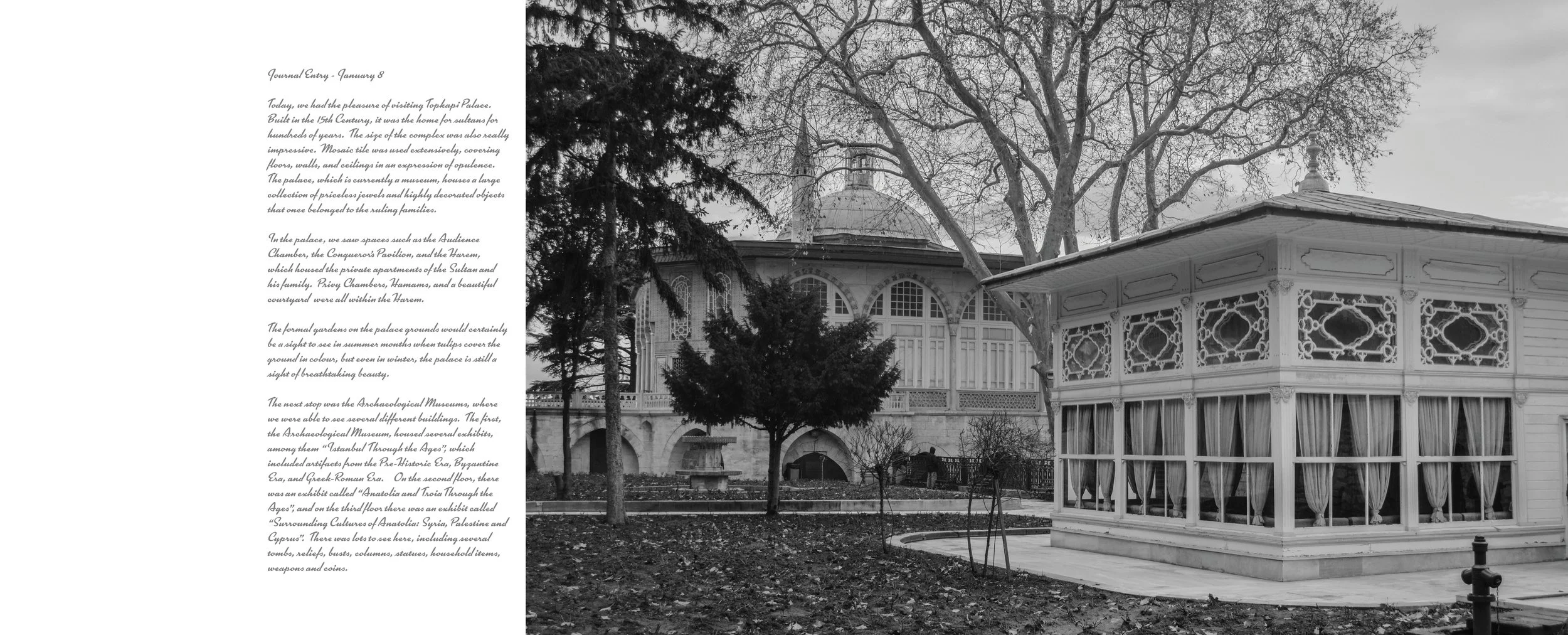 Black and white photo of an ornate pavilion with decorative trim, surrounded by trees and a garden, next to a building with arched windows, a dome, and a garden with a footpath.