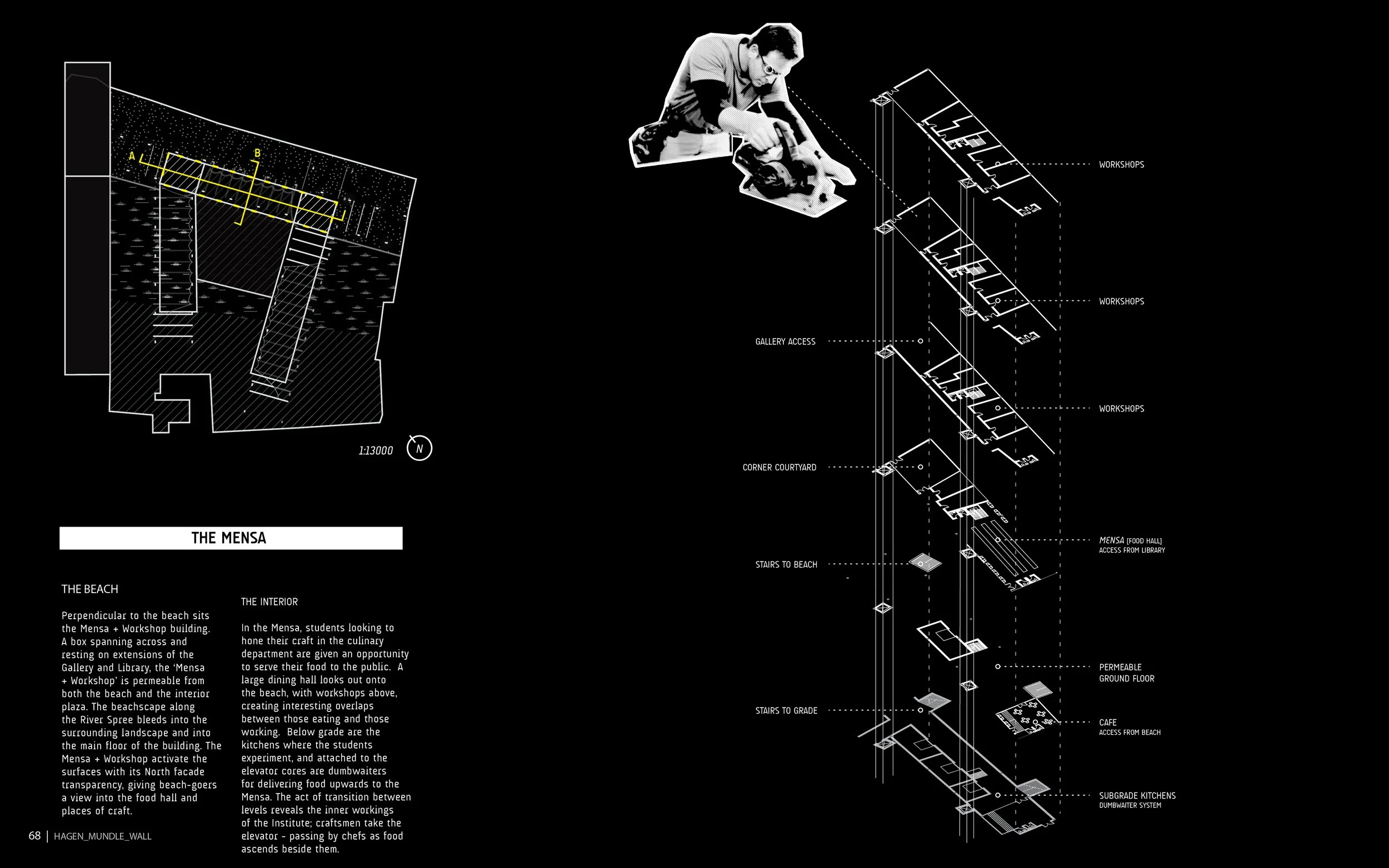 Architectural blueprint of a building called The Mensa, showing floor plans, sections, and labels for various areas such as workshops, gallery access, cafeteria, stairs, and subgrade kitchens.