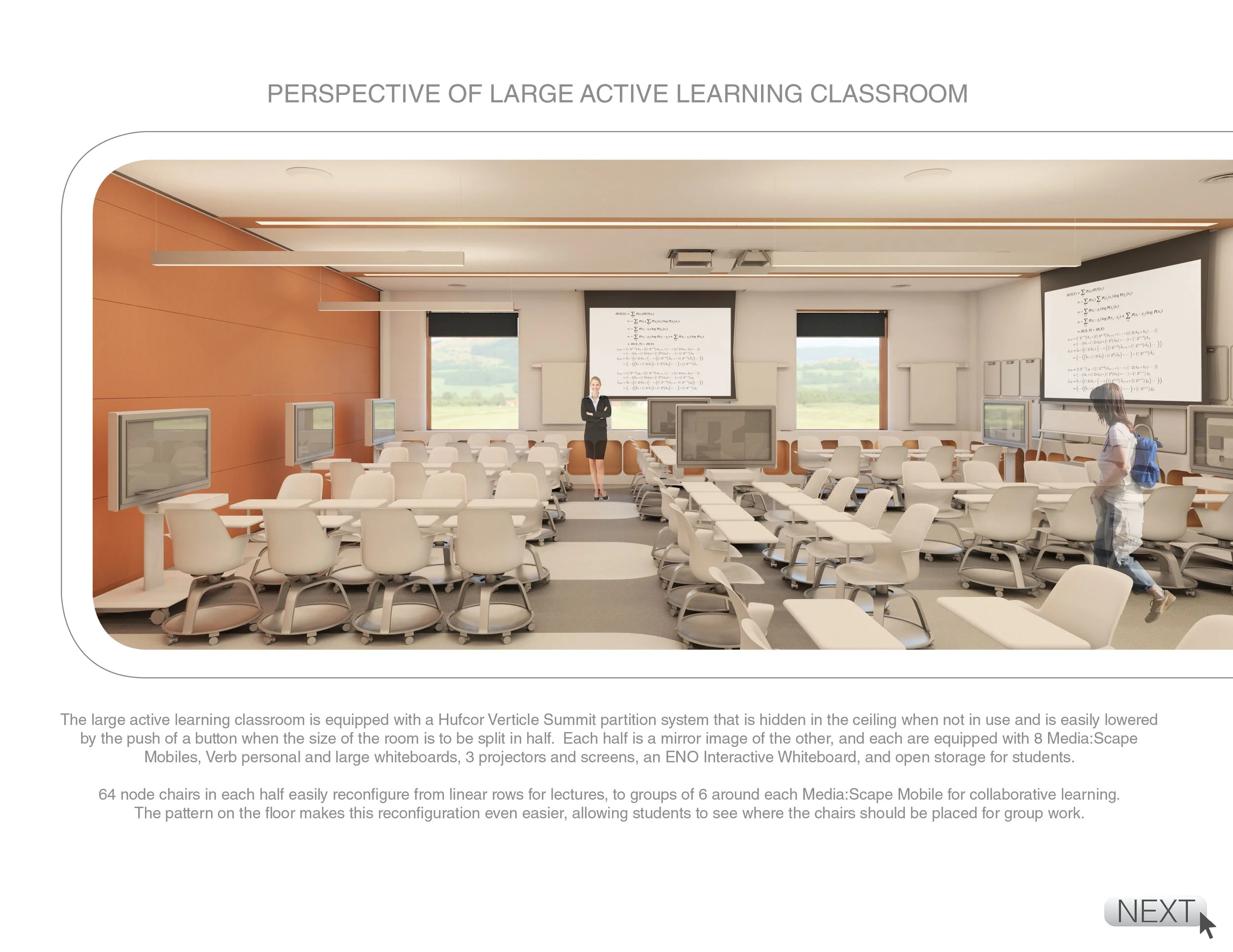 A modern classroom with white chairs, large screens, and speakers, featuring a woman standing at the front near a projector screen, with another student walking toward the back. Large windows show a scenic landscape outside.