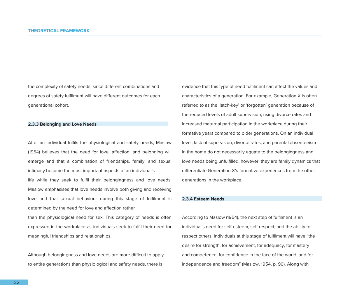 A page from a book or document discussing Maslow's hierarchy of needs, with sections on belonging, love, esteem needs, and references to generation studies.