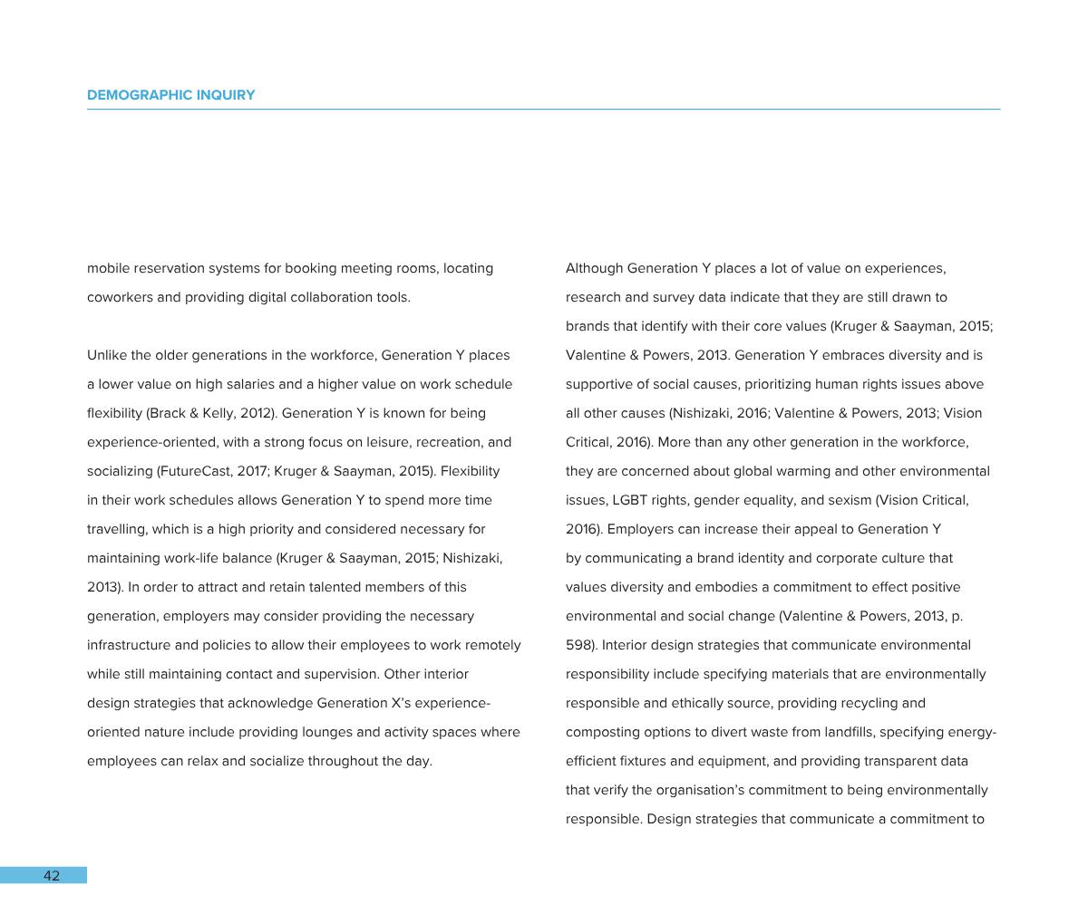 Two-page magazine article about Generation Y workplace values and environmental responsibility, with a blue page number 42 at the bottom.