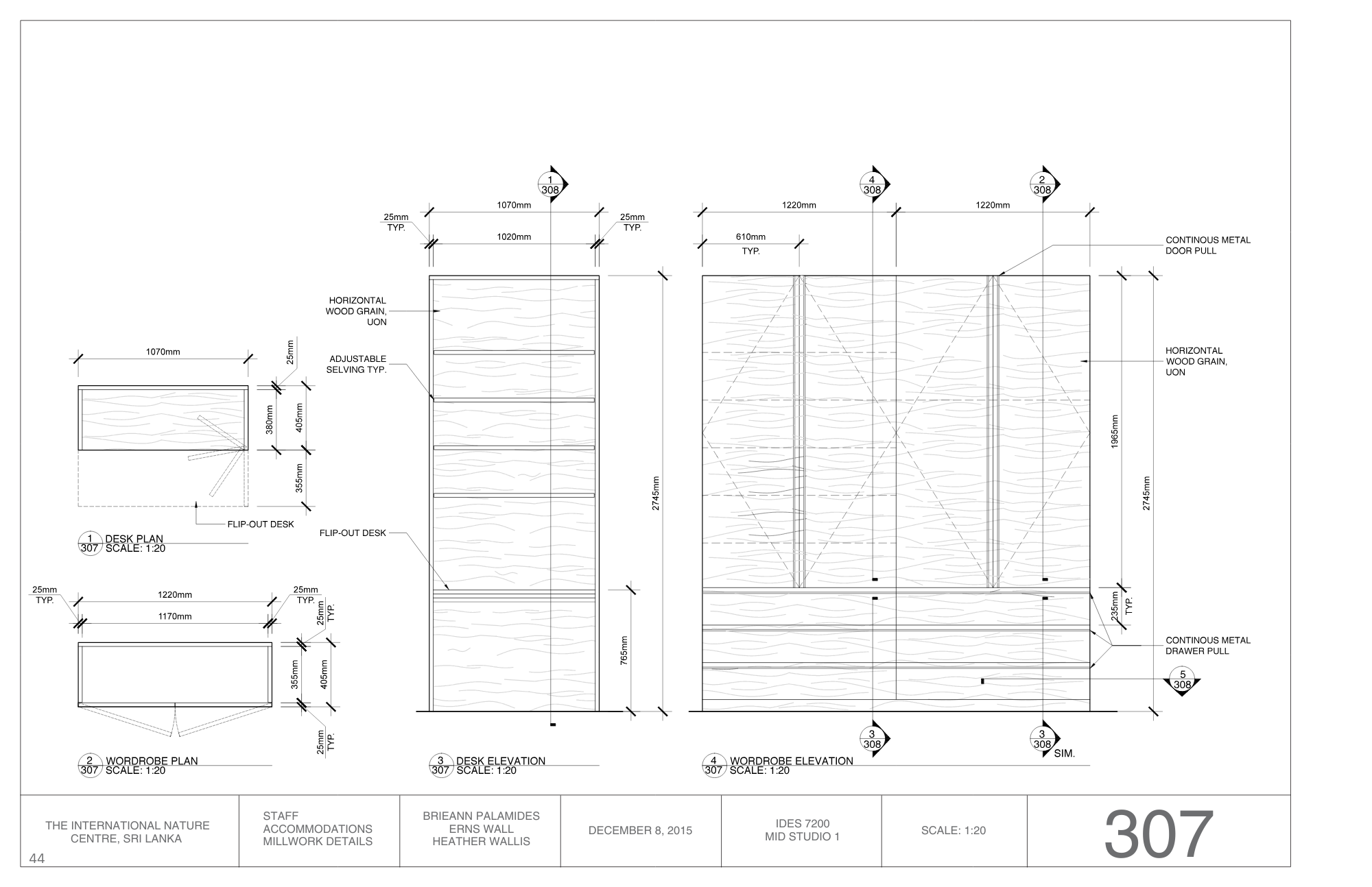 Architectural blueprint of furniture and wall design plans, including desk and wardrobe elevations with measurements, annotations, and construction details.