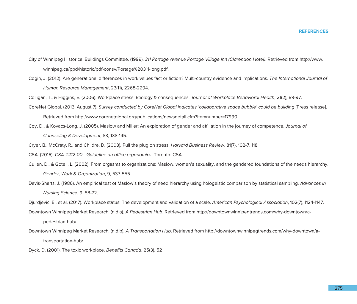 Page of a research paper or report with references listed in a numbered format, including sources on topics such as workplace stress, office ergonomics, and workplace environments. Bottom right corner shows page number 275.