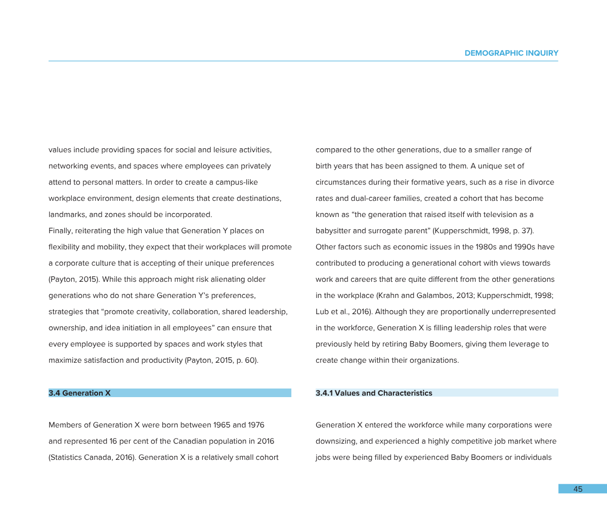 Page from a report or book on demographic inquiry discussing Generation X, including their characteristics, birth years, and workplace trends.