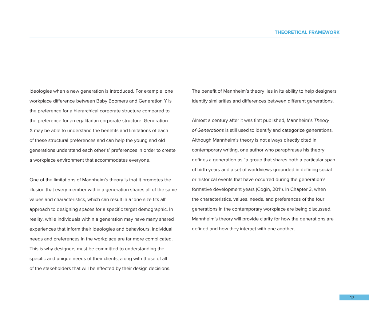 A page from a document or book discussing the theory of generations and organizational structures, featuring a header titled 'THEORETICAL FRAMEWORK' and page number 17 at the bottom right.