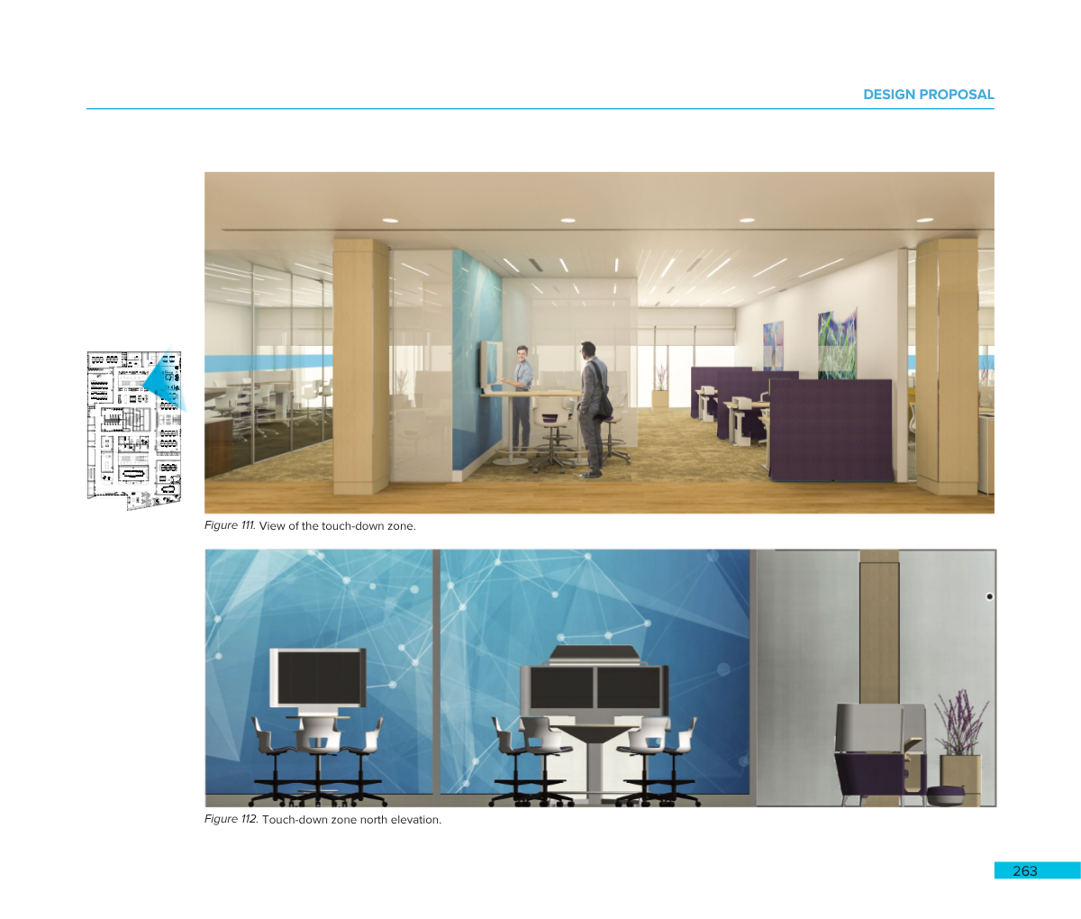 Interior view of an office with a touch-down zone featuring work stations, a glass wall with conference rooms, and seating areas with artwork and plants.