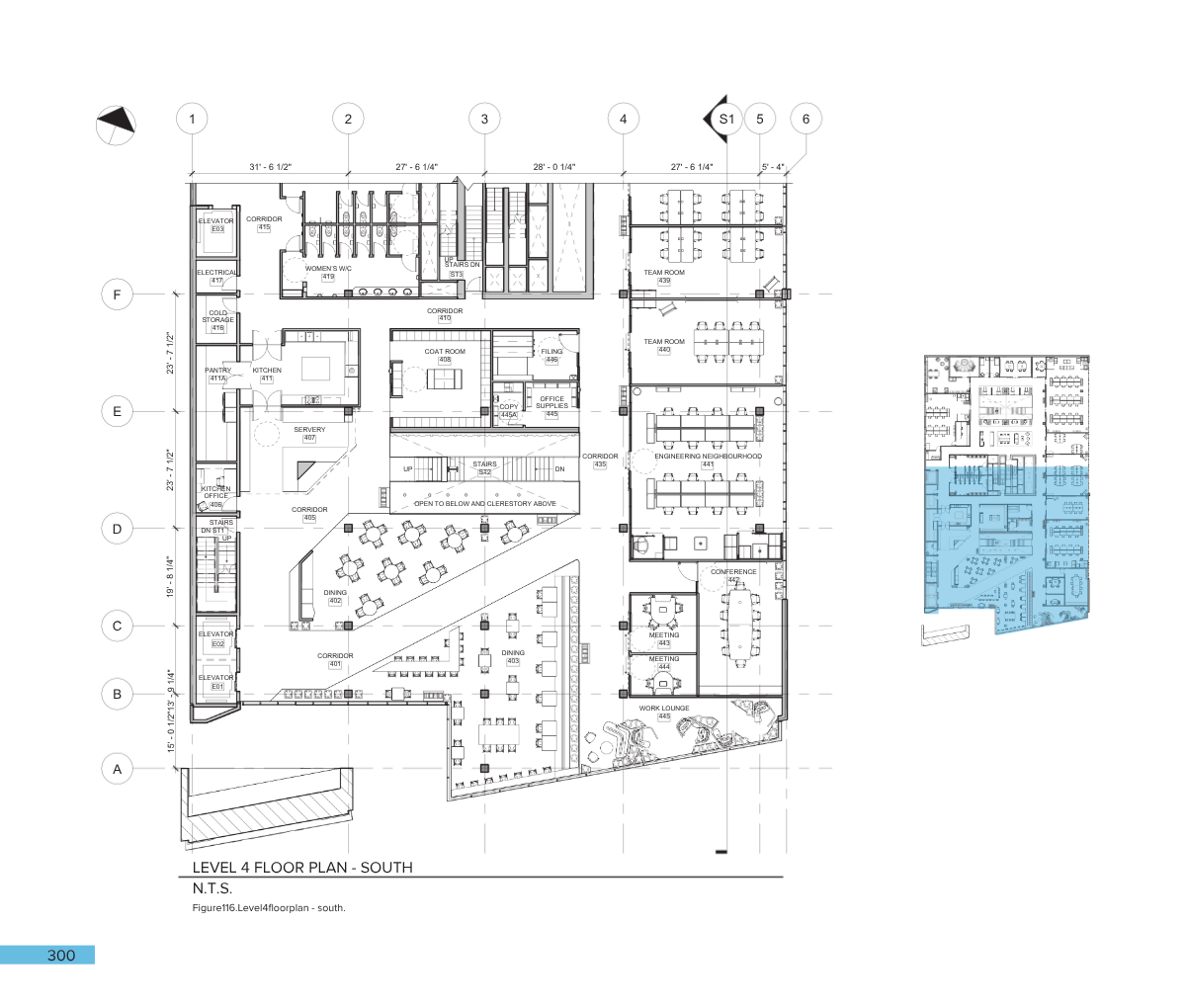 Architectural floor plan of Level 4 South building, showing rooms like conference, work lounge, meeting rooms, team rooms, and corridors, with a smaller inset blueprint to the right.