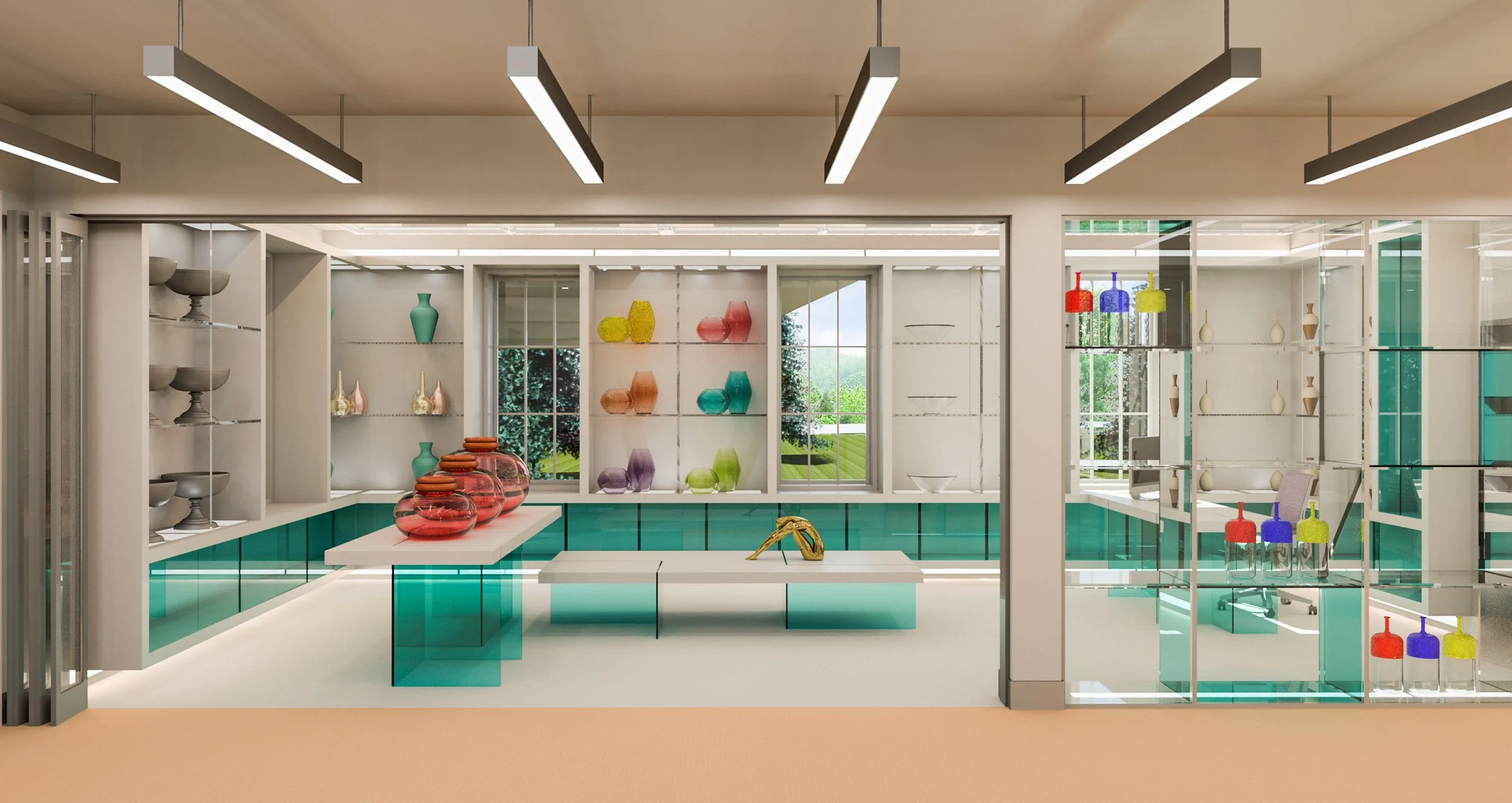 Interior of a modern store or showroom with glass display cases and shelves holding colorful vases and decorative objects, large windows with outdoor view, and ceiling lights.
