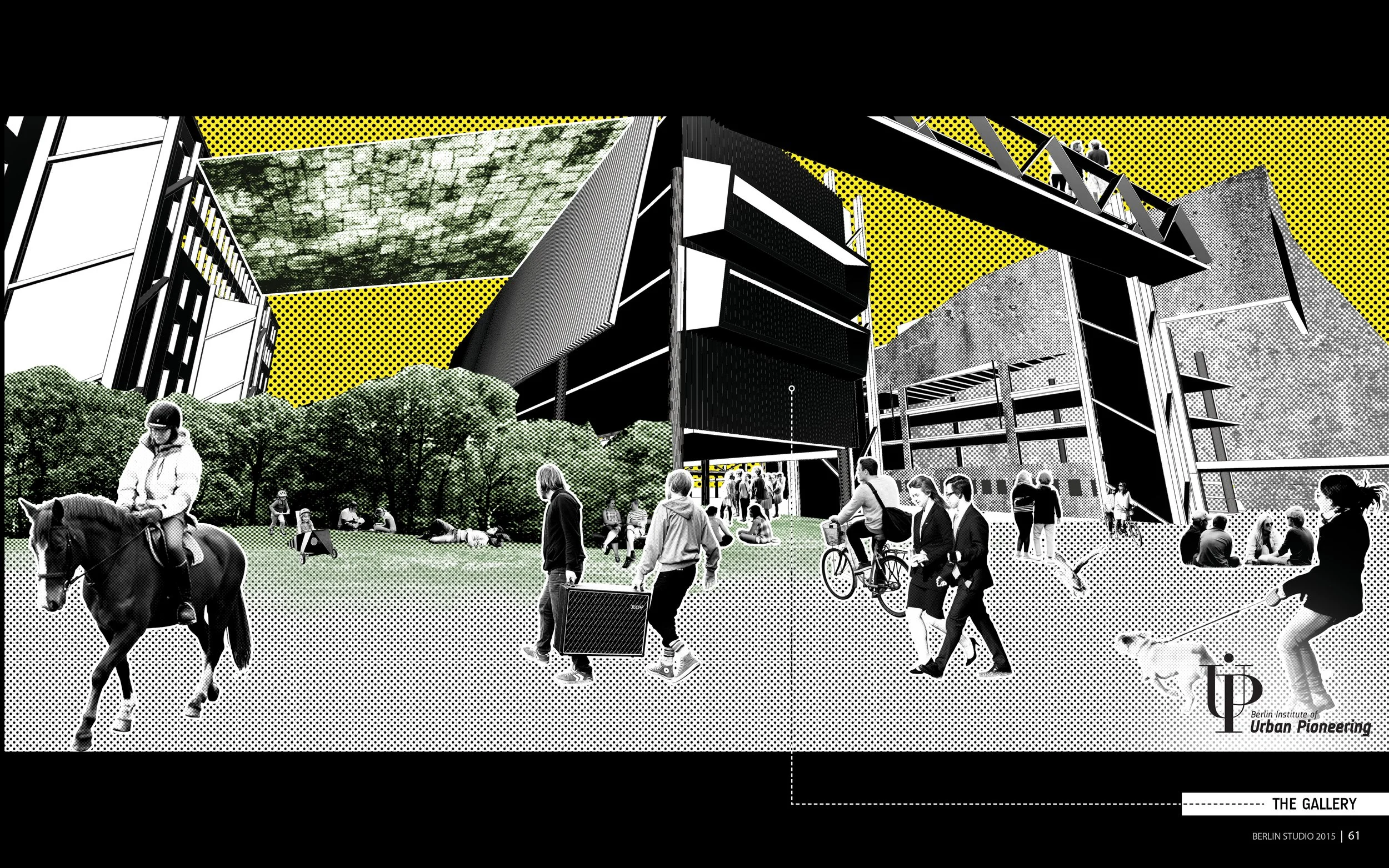 A digital illustration of an urban park scene with modern buildings, trees, and people walking, cycling, and relaxing, with a yellow dotted background.