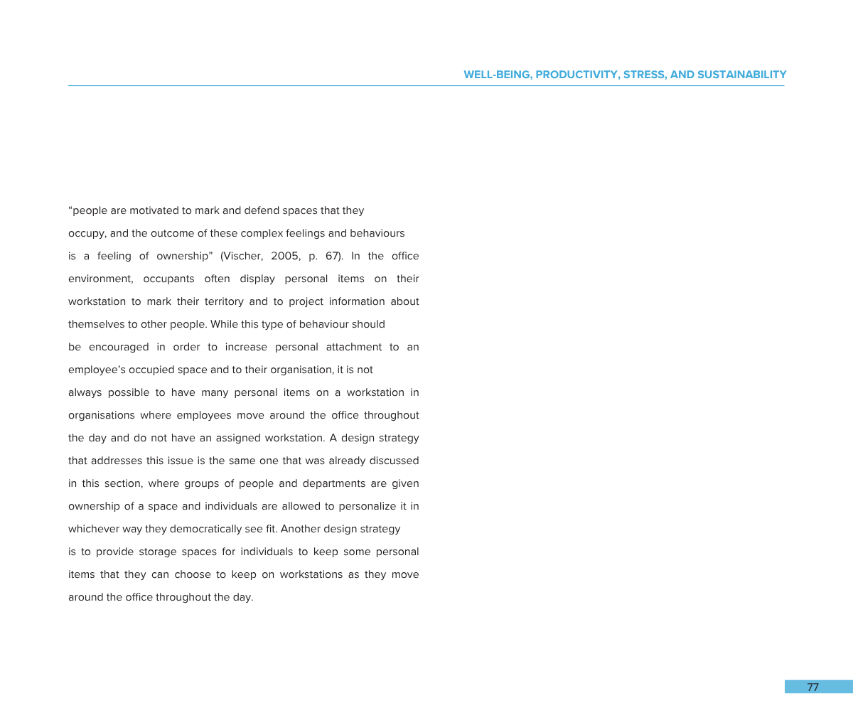 A page from a report or book discussing office environment design strategies for personal attachment and storage of personal items.