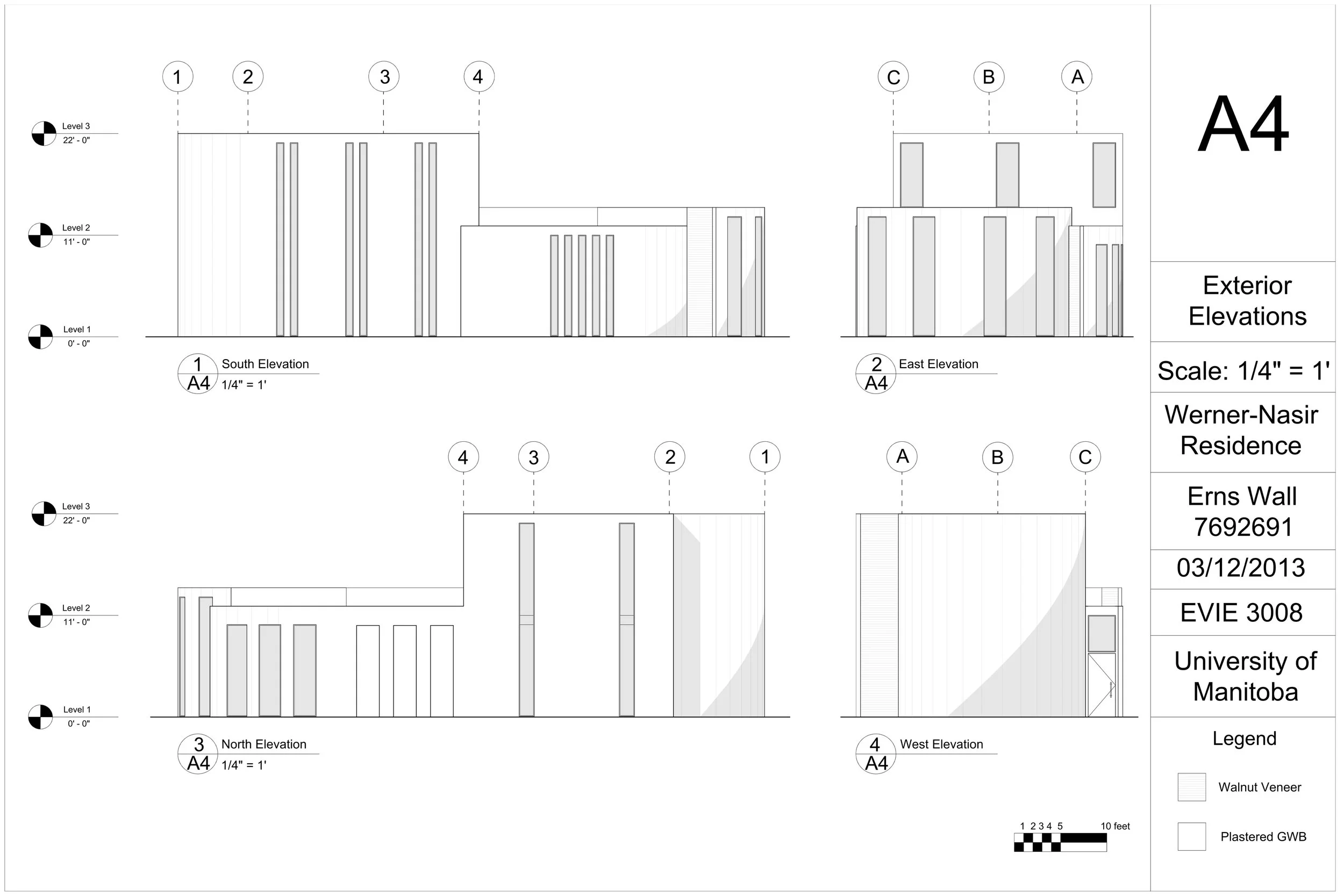 Architectural elevation drawing of the Ern's Residence at the University of Manitoba. The drawing shows north, south, east, and west exterior elevations with measurements and material specifications.
