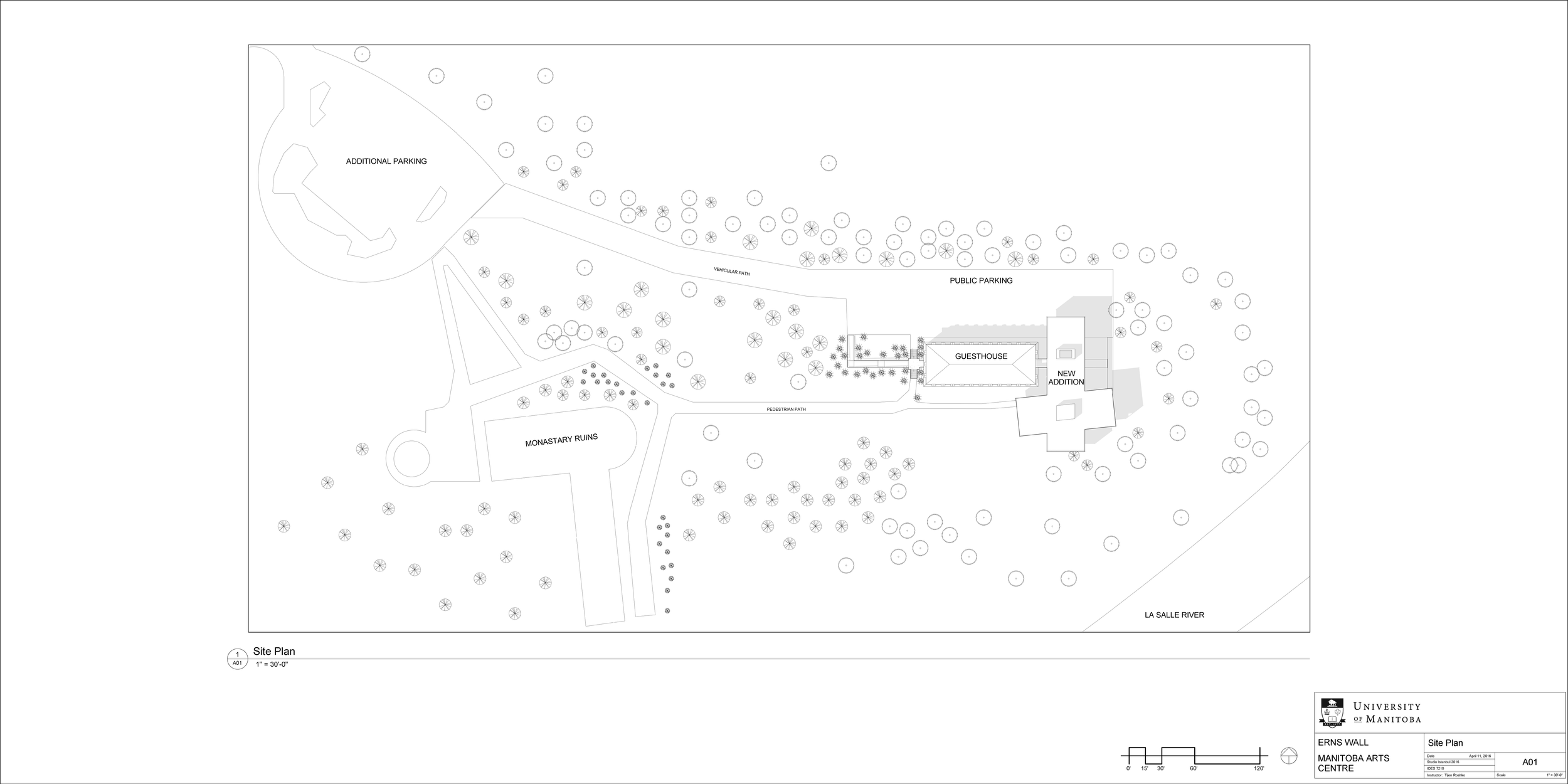 Site plan of a campus with labeled areas including additional parking, public parking, a guesthouse, new addition, monastery ruins, and the La Salle River, showing pathways and trees. University of Manitoba logo in bottom right corner.