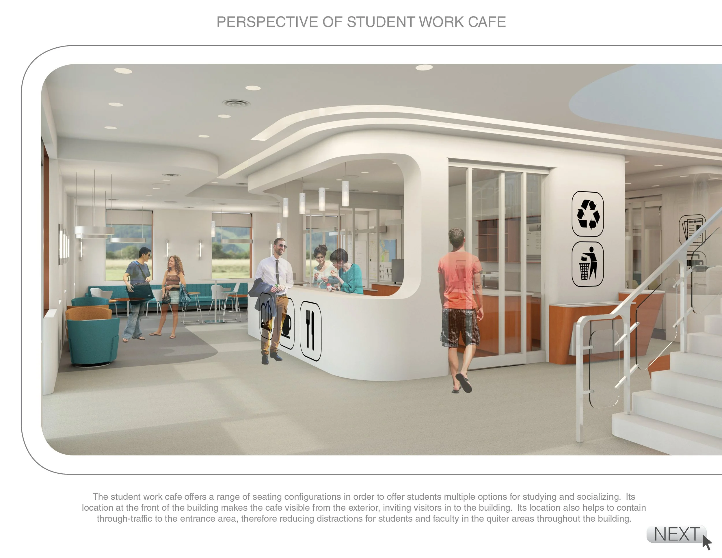Interior view of a student work cafe with modern design, seating area, and people socializing, featuring signs for recycling, trash, and dining.