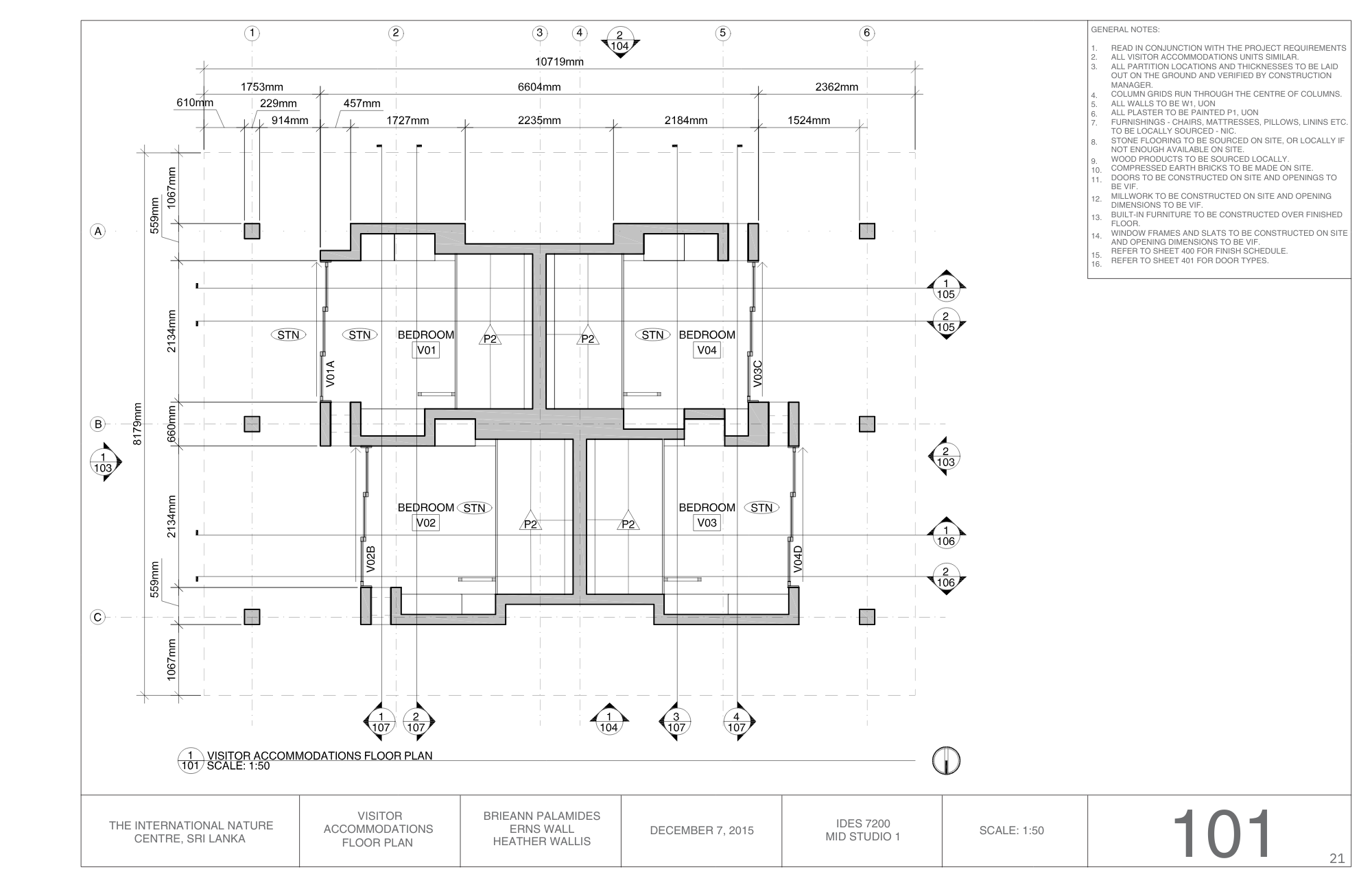 Architectural floor plan of visitor accommodations for The International Nature Centre in Sri Lanka, showing room layouts, measurements, and notes for construction.