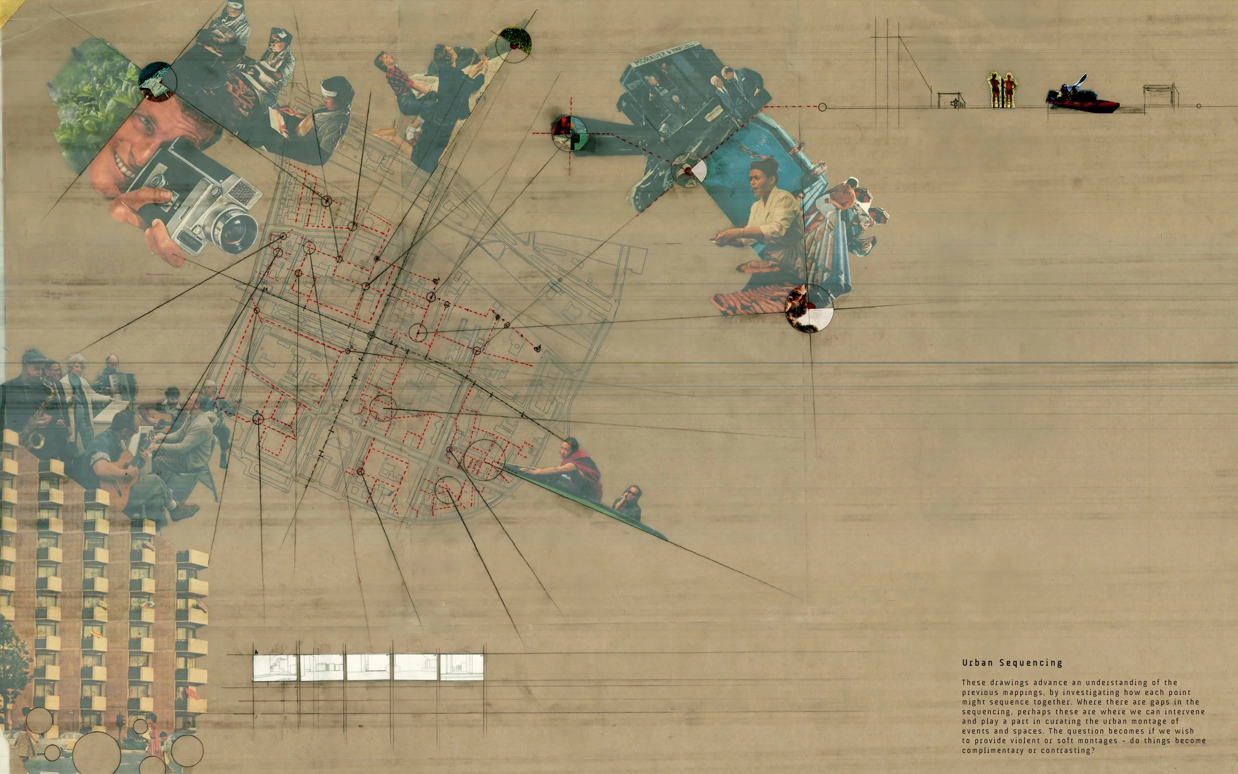 A large mural titled "Urban Sequencing" blending photographic images of people, outdoor activities, and architecture with architectural blueprints and technical drawings on a beige background.