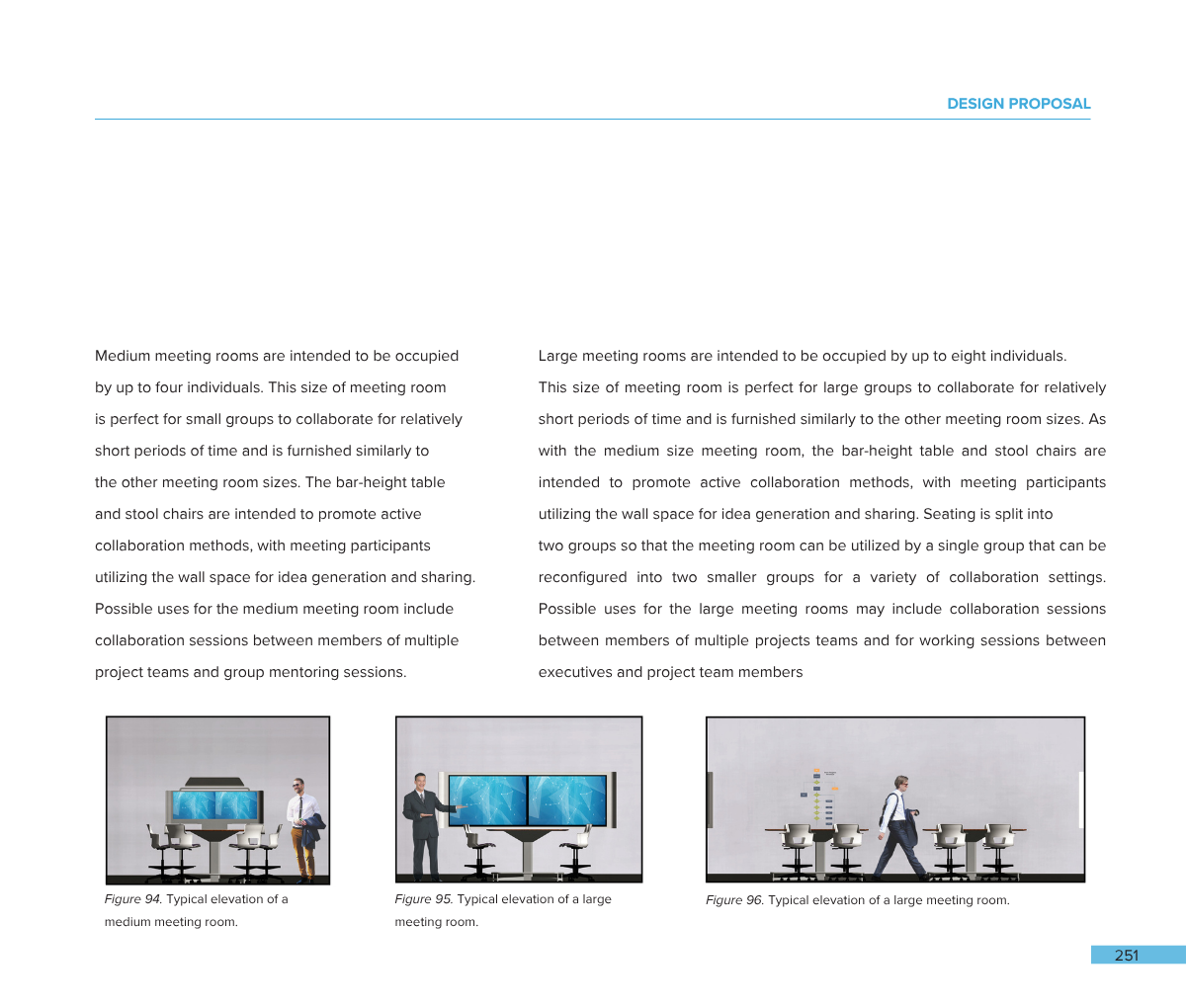A page from a design proposal document with text about meeting rooms and three illustrations at the bottom showing typical elevations of medium and large meeting rooms.