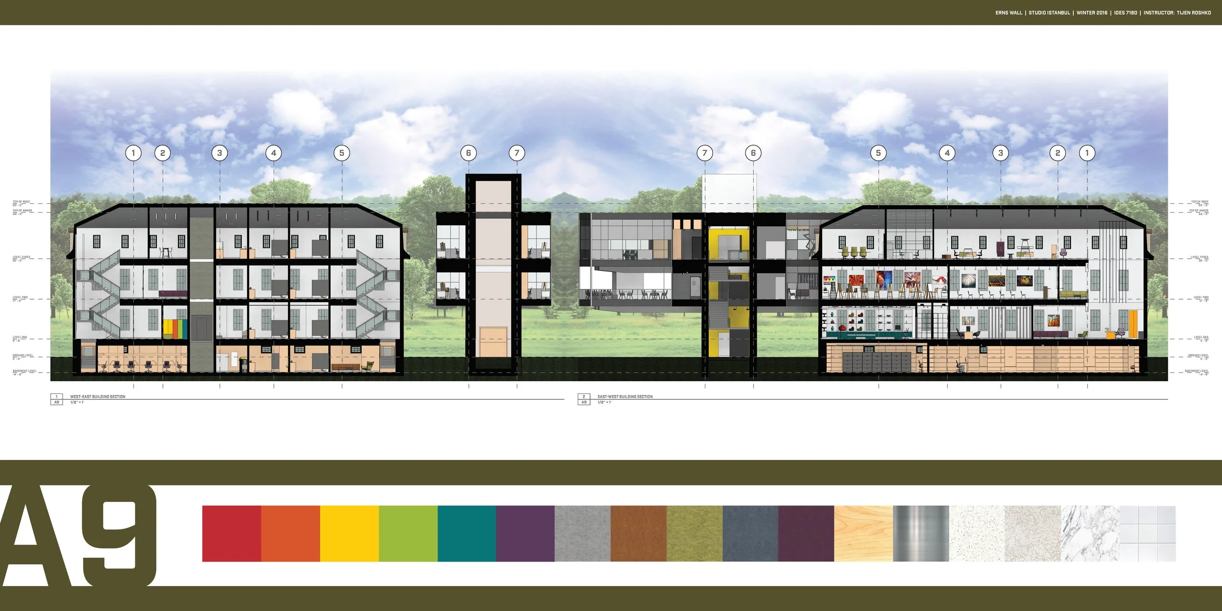 Cross-section architectural drawing of multiple buildings with greenery in the background, showing interior layouts and various floors.