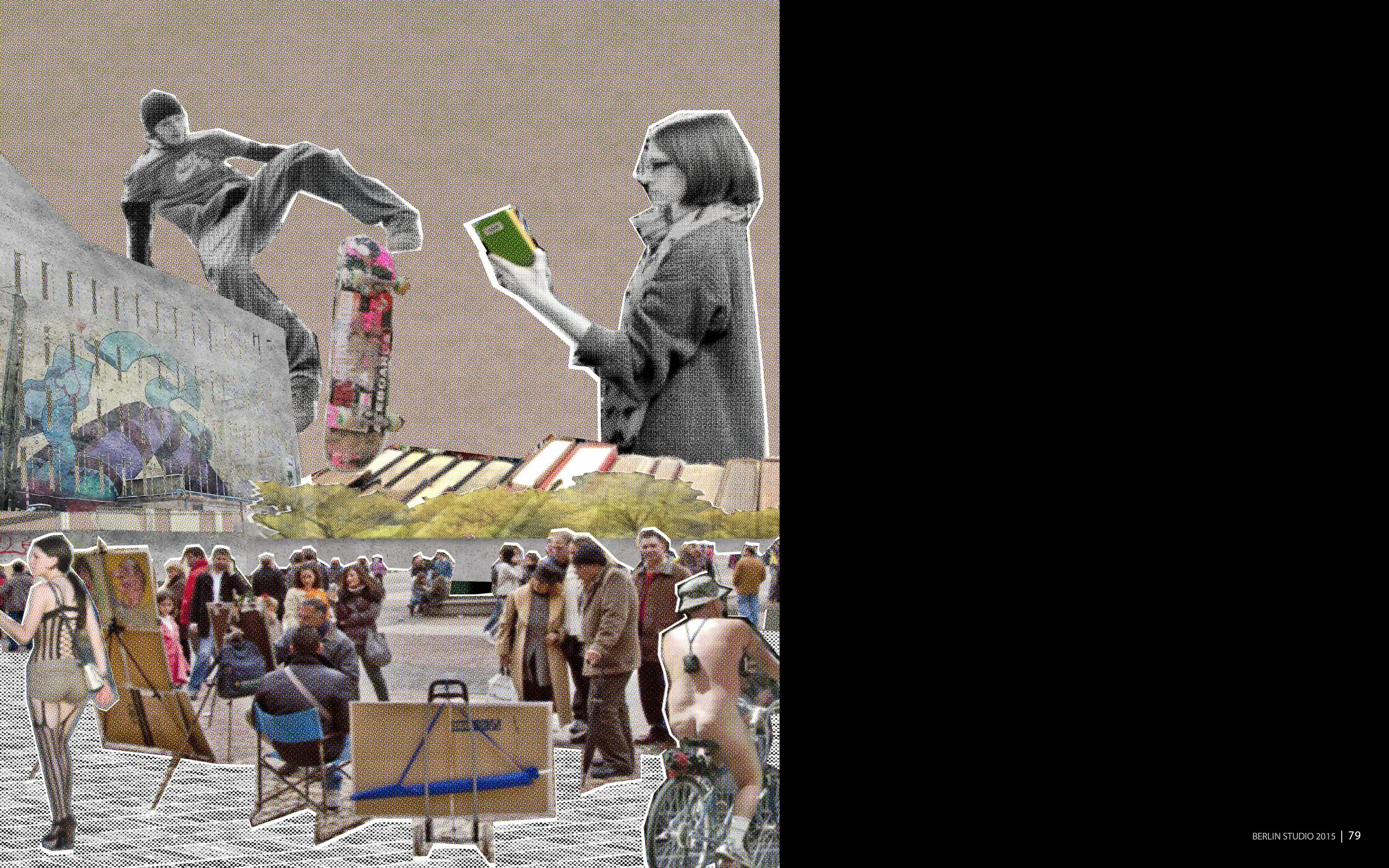 People gathering outdoors near a large sculpture of a woman reading a book, with children and adults walking and talking; some people are seated at tables, and there are informational displays and artwork in the background.