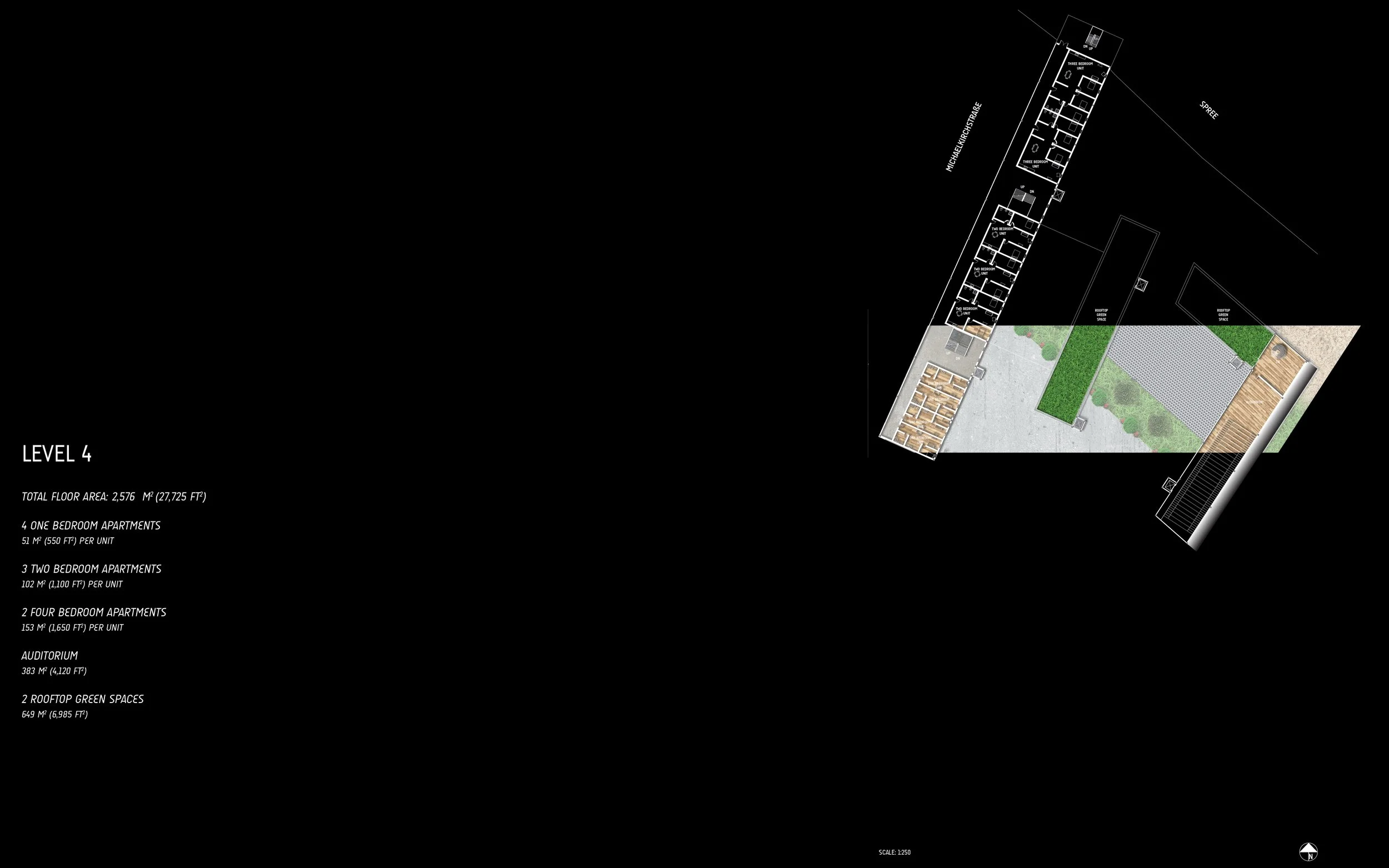 Architectural floor plan of a building's fourth level, showing layout for apartments, an auditorium, rooftop green spaces, and landscaped outdoor areas.