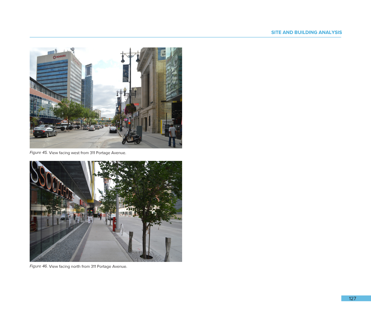 Two street views from 311 Portage Avenue. The first image shows a west-facing view with cars, a motorcycle, and tall buildings, including one with a Rogers sign. The second image shows a north-facing view with a sidewalk, trees, and a storefront with
