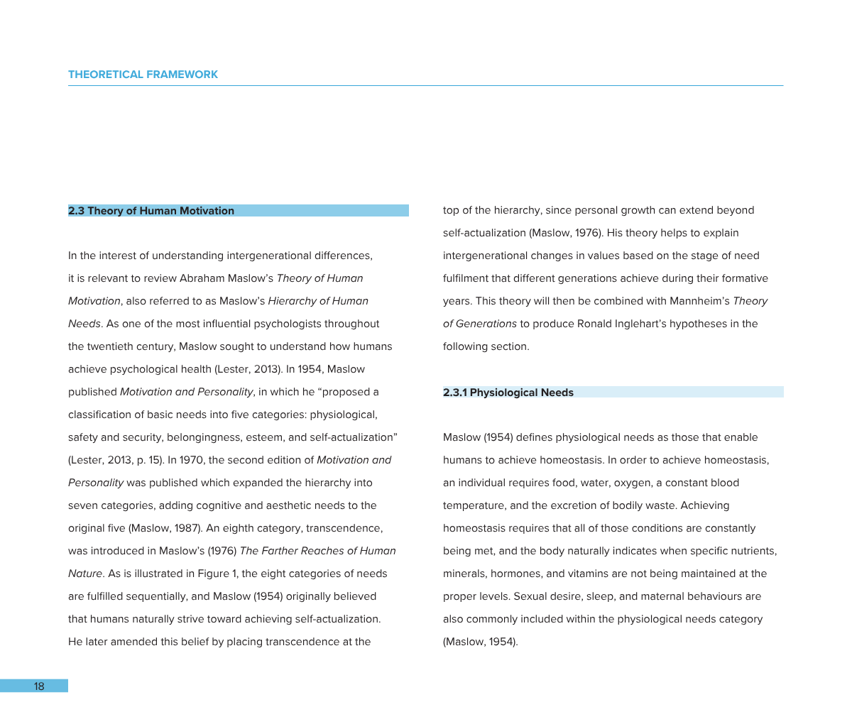 A PDF document page with the title 'THEORETICAL FRAMEWORK' and a section labeled '2.3 Theory of Human Motivation'. The text discusses Abraham Maslow's hierarchy of needs, including physiological needs, and references to psychological health, motivati
