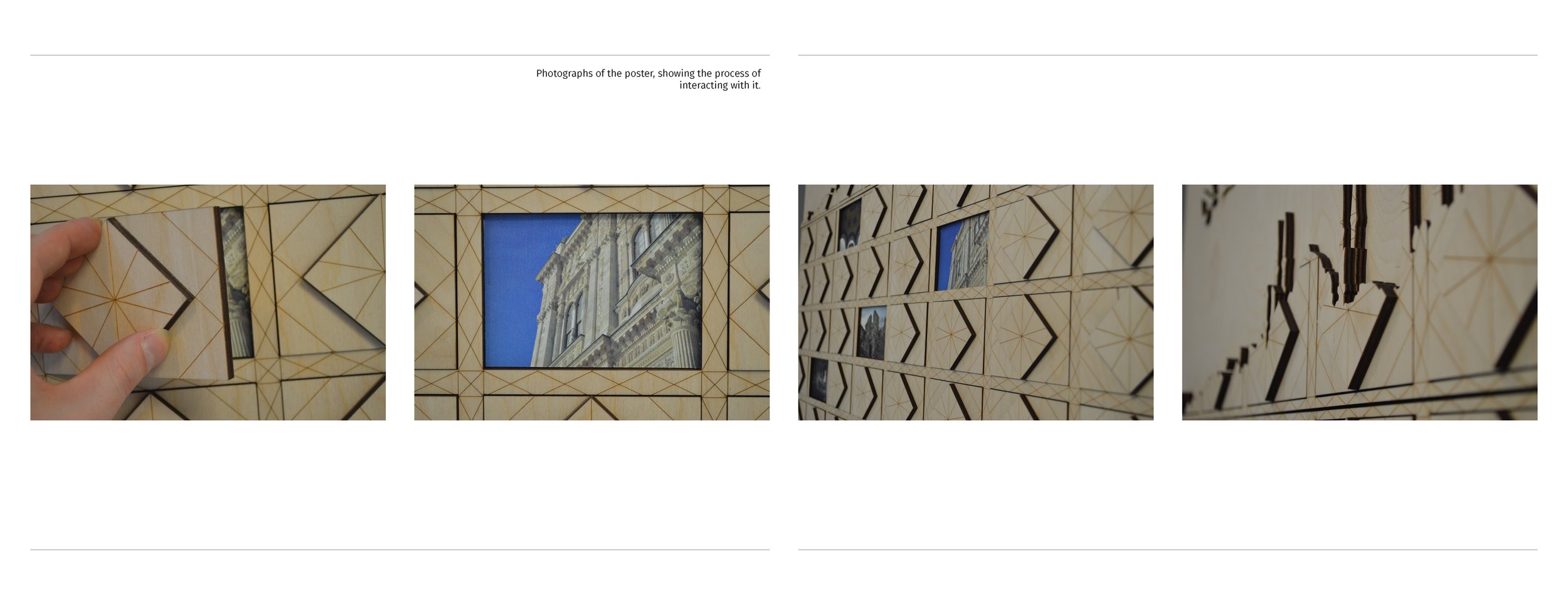 A sequence of four photos illustrating the process of interacting with a wooden photo display. The first photo shows a hand lifting a section of the wooden display, revealing a photo of a building's architecture. The second photo reveals the full pho