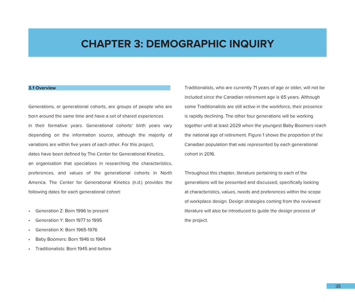 Page from a document titled 'Chapter 3: Demographic Inquiry,' discussing different generational cohorts, their birth years, and characteristics.