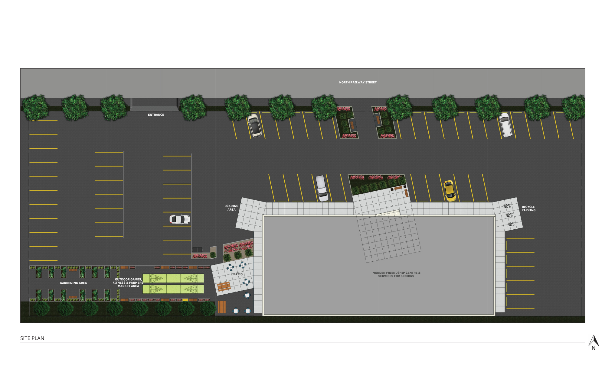 Site plan for a community center with parking lots, garden area, outdoor games, fitness and farmer's market area, loading area, patio, and bicycle parking, surrounded by trees and organized pathways.