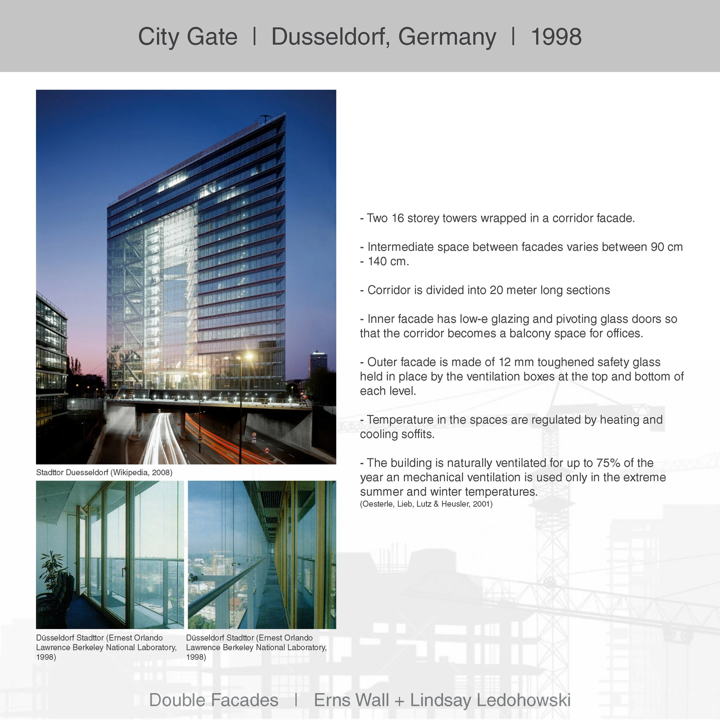Nighttime view of a modern glass building in Dusseldorf, Germany, with a city gate sign on top, featuring multiple floors with reflective windows and illuminated interior lights.