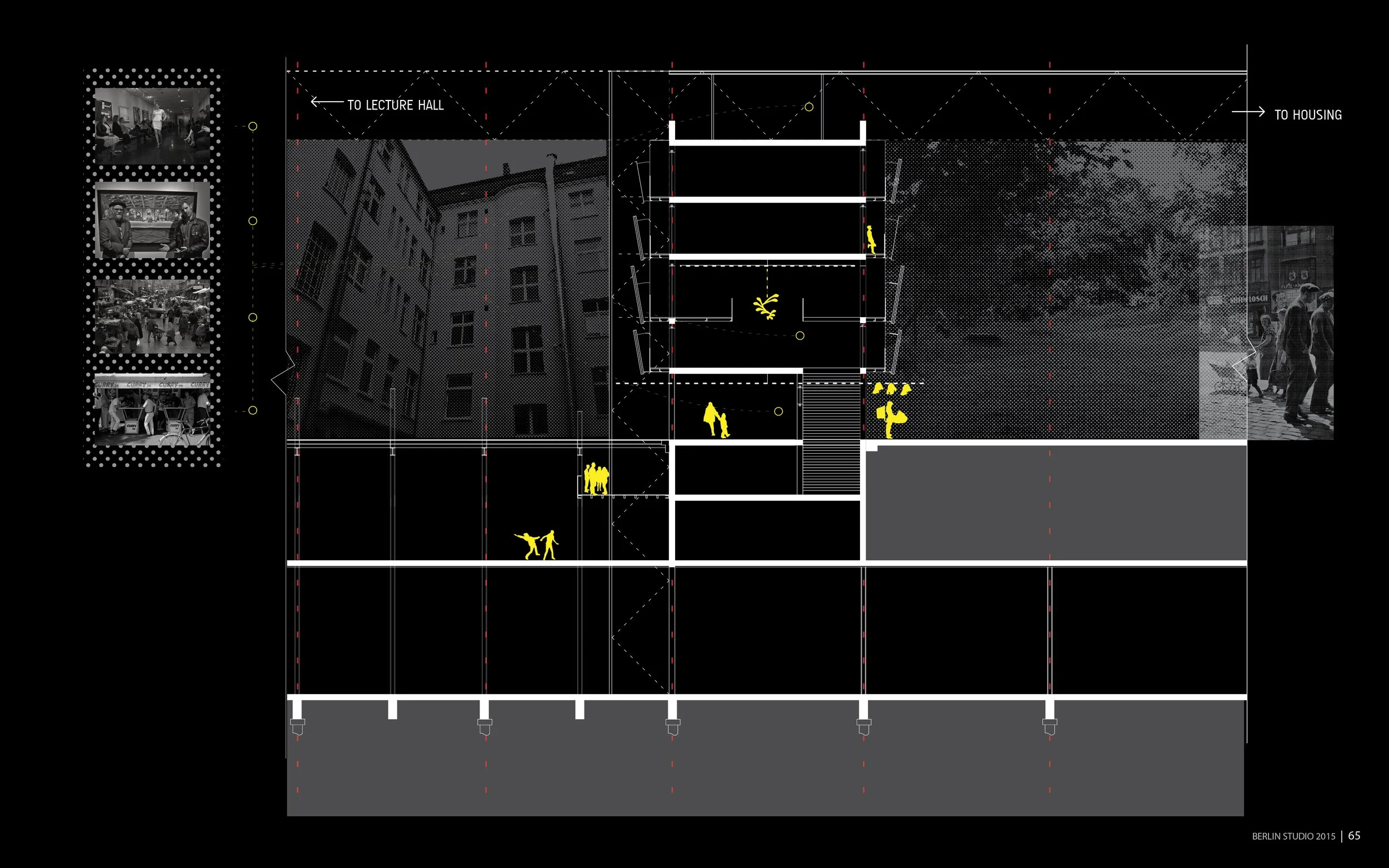 Architectural blueprint of a multi-story building showing interior and exterior details, with annotations indicating directions to lecture hall and housing, and small black-and-white photographs on the left side depicting people in urban settings.