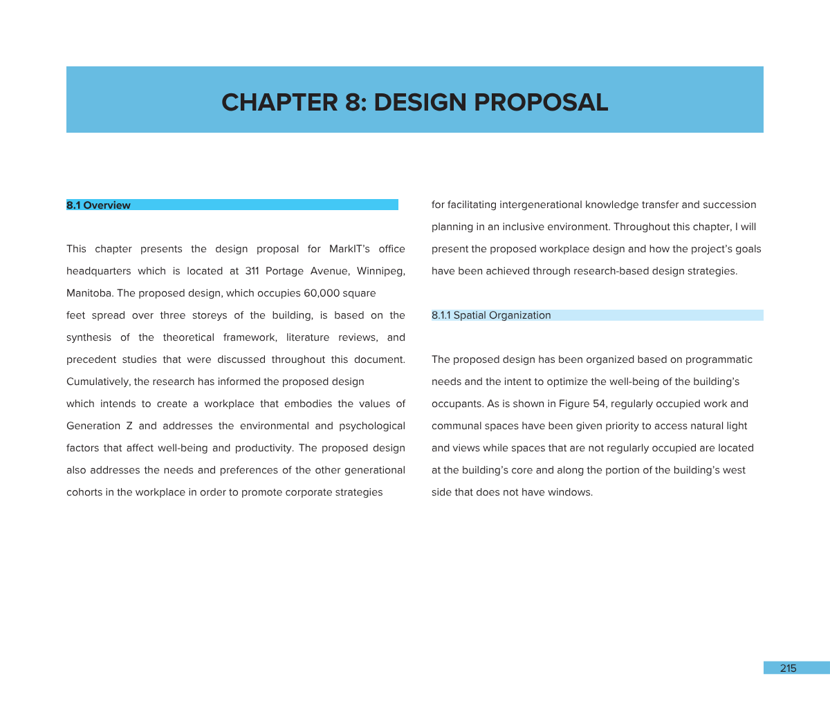 Page from a document titled 'Chapter 8: Design Proposal', with sections 8.1 and 8.1.1, discussing workplace design strategies for an office at 311 Portage Avenue, Winnipeg, Manitoba.
